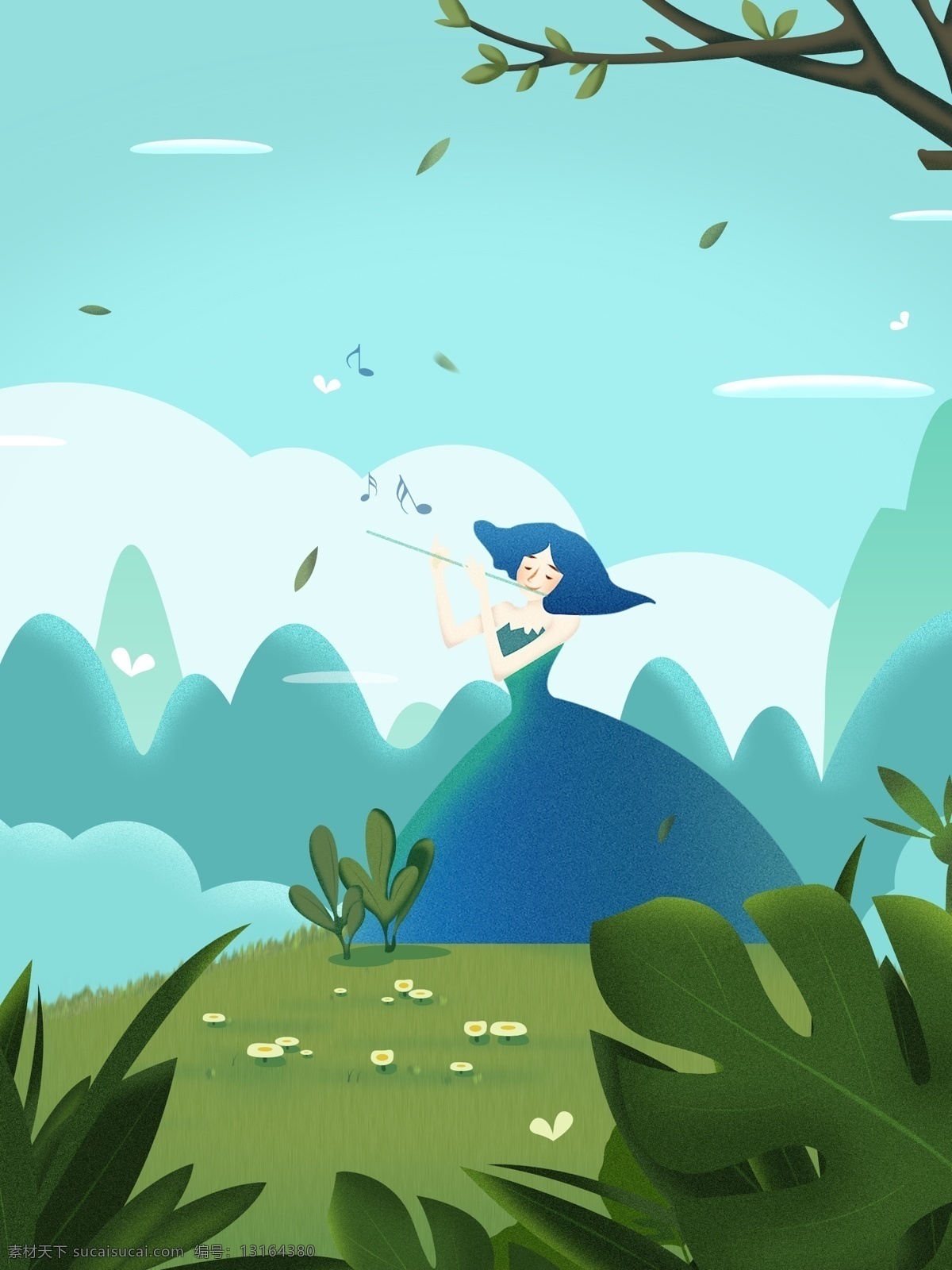 原创 音乐节 清新 商业 插画 小清新 浪漫 风景 人物 蓝色背景 商业插画 春季插画