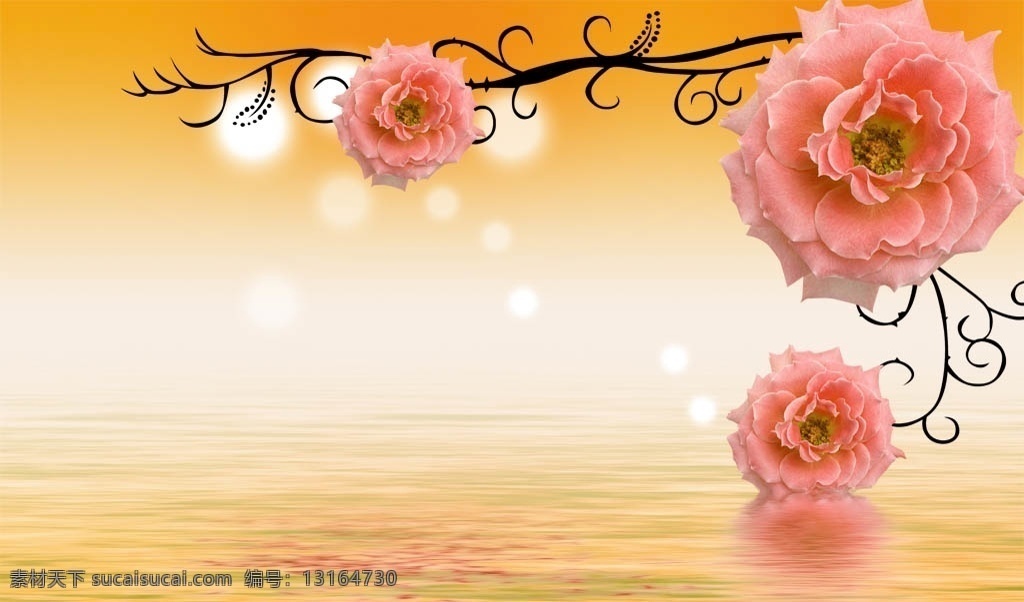浪漫 玫瑰花 倒影 背景 墙 水纹 玫瑰 鲜花 花朵 唯美 梦幻 壁画 背景墙 现代 时尚 简约 星光 分层