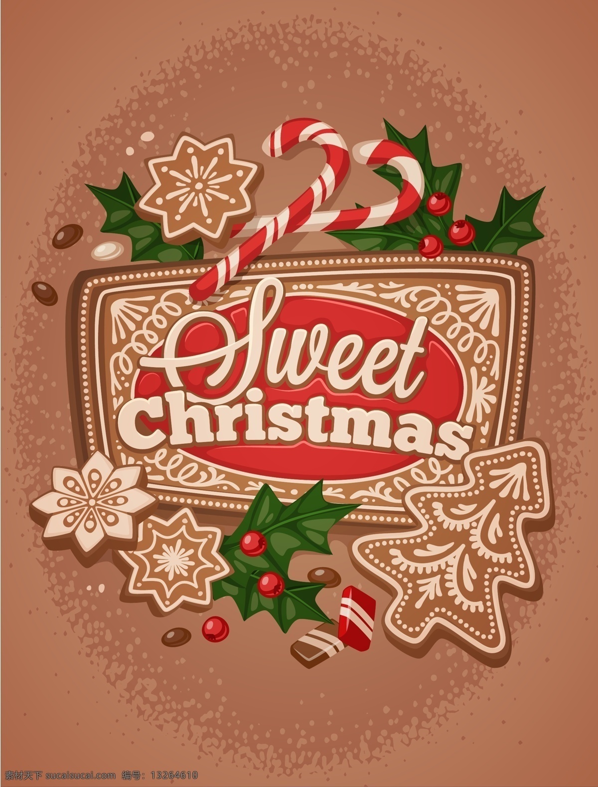矢量 卡通 美食 饼干 圣诞节 背景 创意 拐杖 咖色 巧克力 圣诞树 手绘 童趣