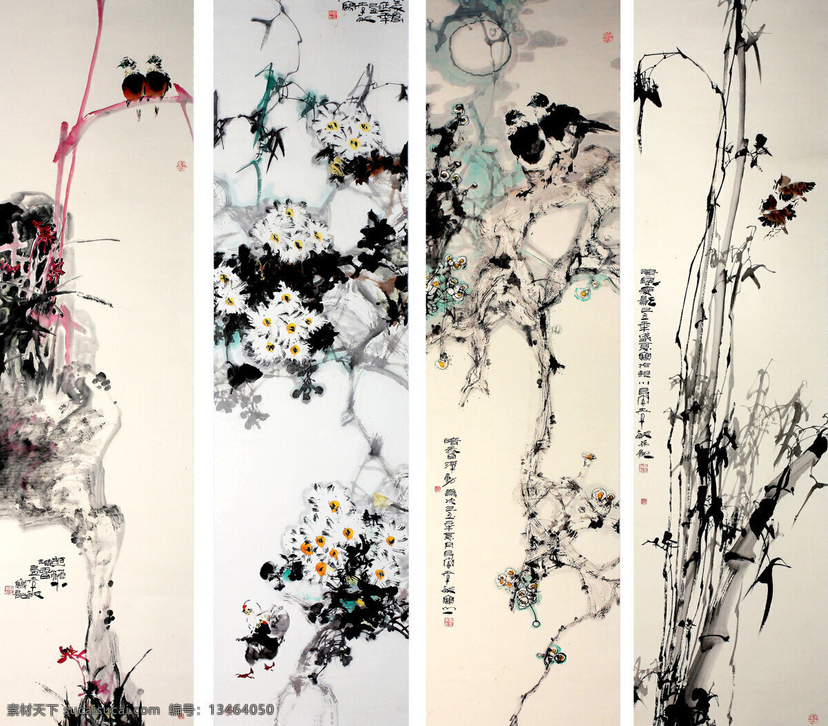 国画艺术 花鸟 花鸟画 绘画书法 菊花 兰花 麻雀 梅花 四条屏 美术 中国画 水墨画 竹子 红鸟 小鸡 石头 书法 印章 国画集32 文化艺术 装饰素材 雕刻 图案