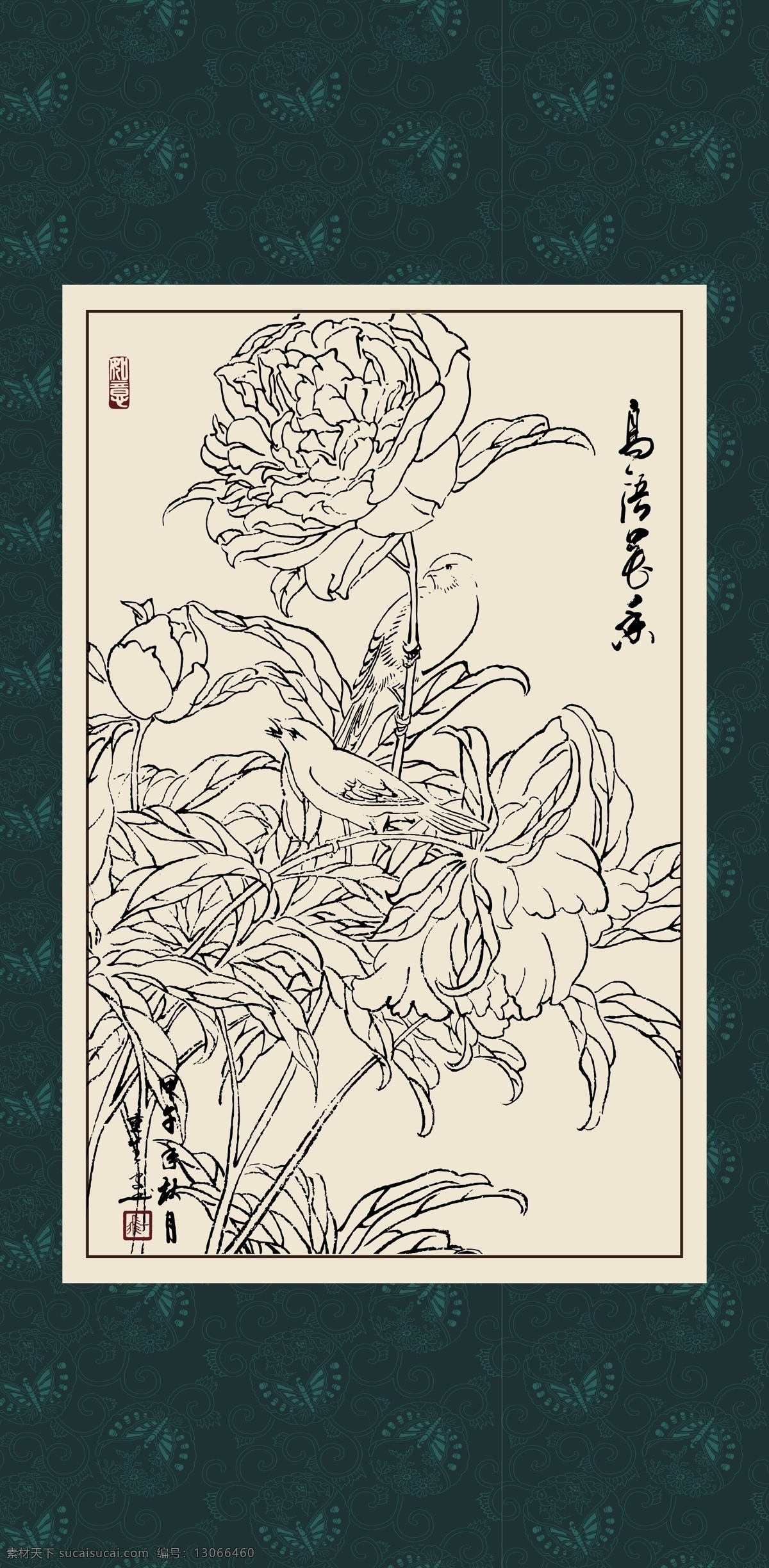绘画 白描 线描 手绘 国画 毛笔画 工笔 轮廓 印章 书法 装裱 植物 花卉 花草 花鸟 昆虫 白描芍药 文化艺术 绘画书法