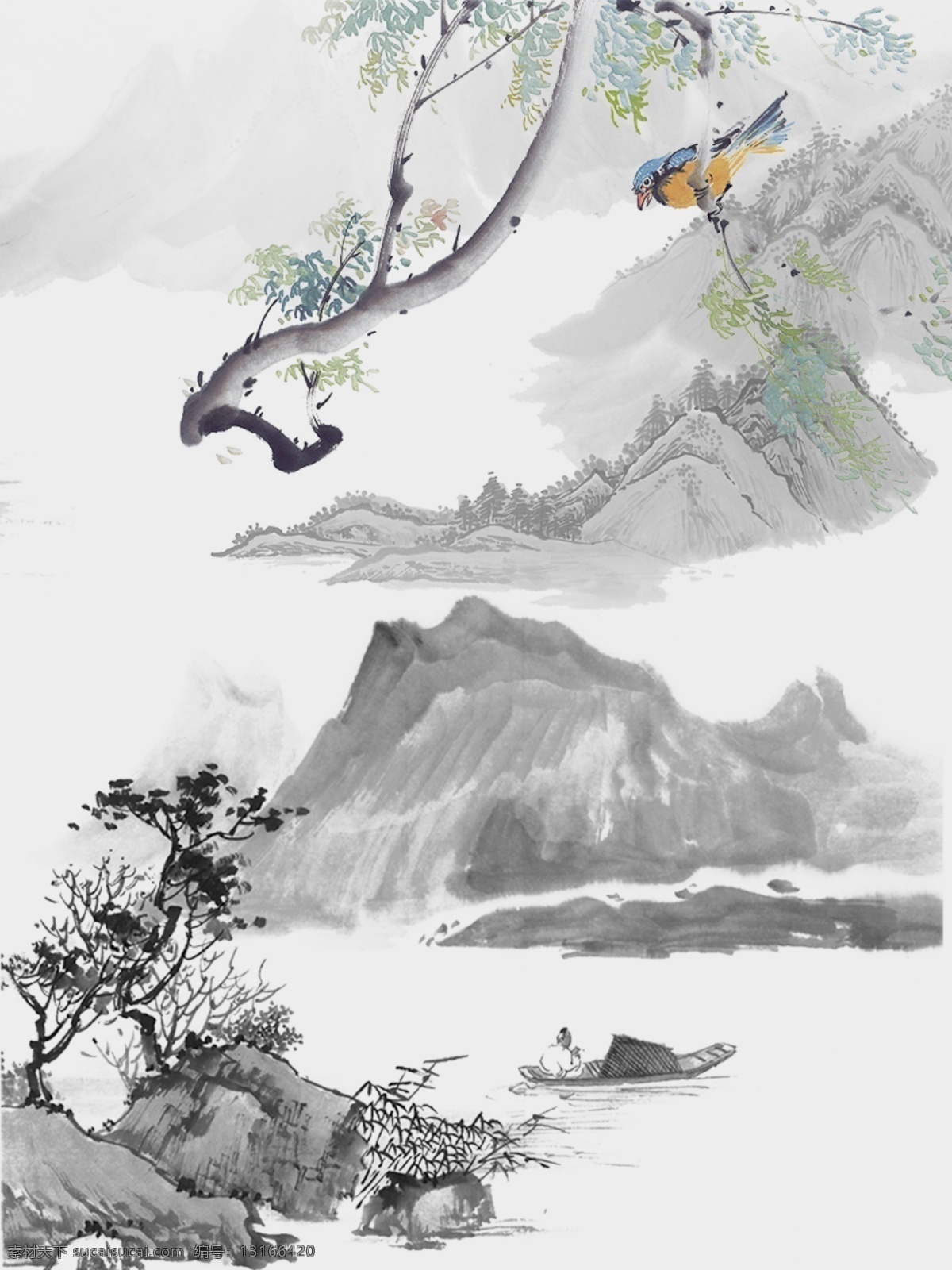 原创 中国 风 水墨 山水 装饰画 中国风 喜鹊 绿松