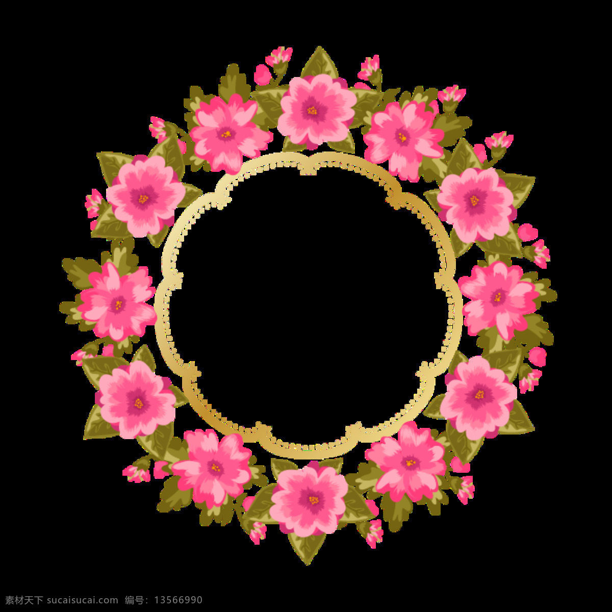 美丽 明媚 淡 粉色 花朵 手绘 花环 装饰 元素 边框 春天 淡粉色花朵 淡雅 绿叶 手绘小清新 圆形