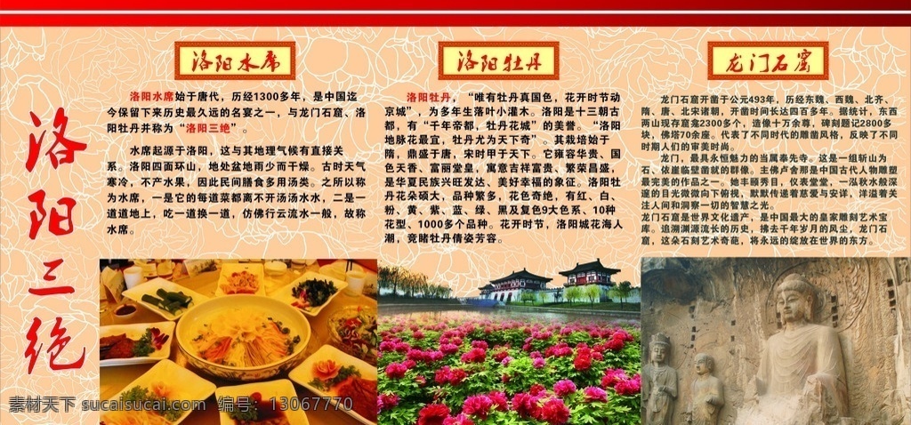 洛阳三绝 水席 洛阳水席 洛阳牡丹 牡丹花 牡丹花纹 龙门石窟 洛阳水席介绍 洛阳牡丹介绍 龙门石窟介绍 洛阳门面 洛阳风景 洛阳花 国花 花边底纹 展板模版 展板模板