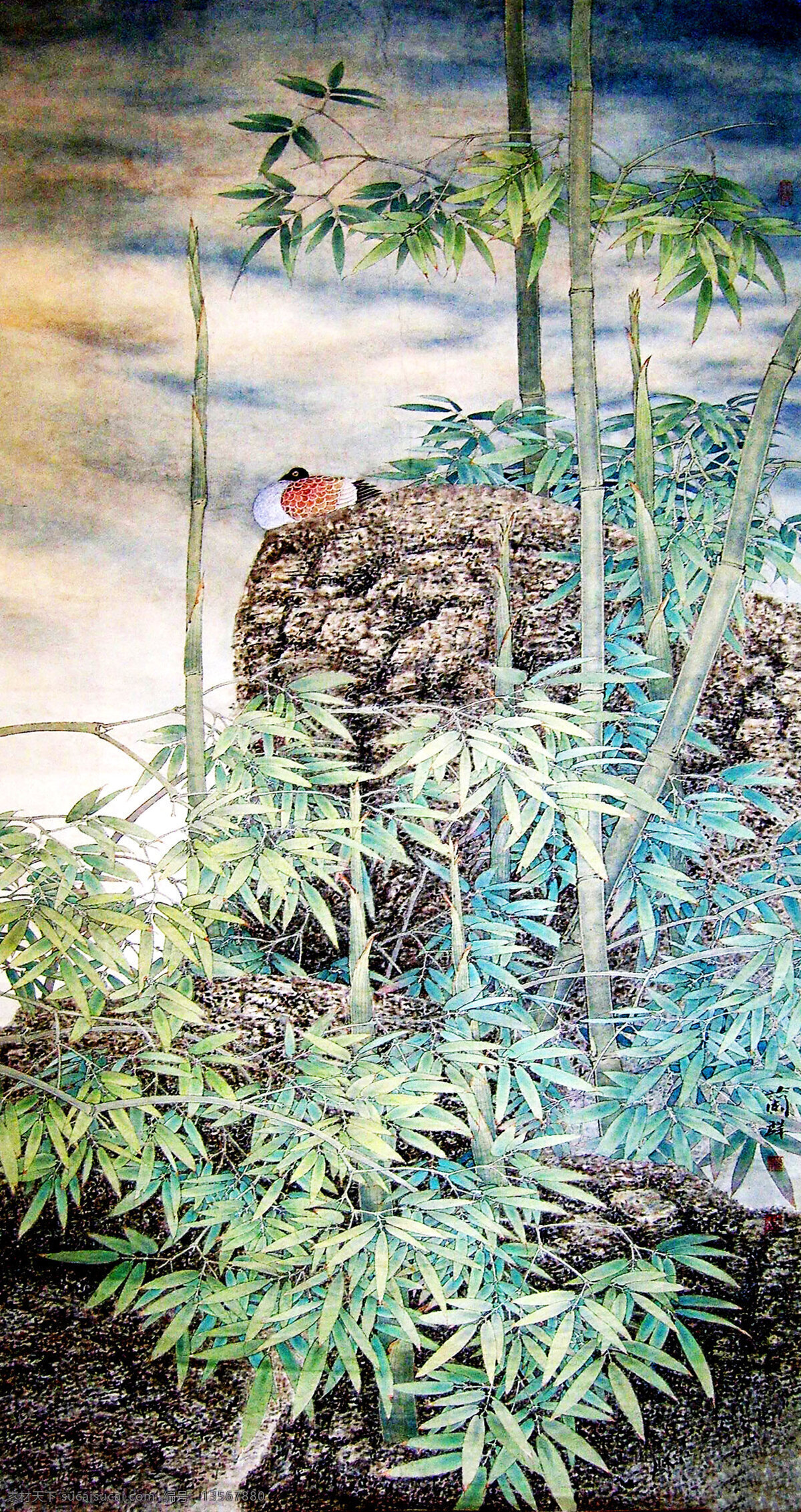 工笔画 国画 国画艺术 画 绘画书法 鸟 石头 竹林 水墨画 竹子 睡鸟 书法 印章 中国水墨画 文化艺术 装饰素材 雕刻 图案