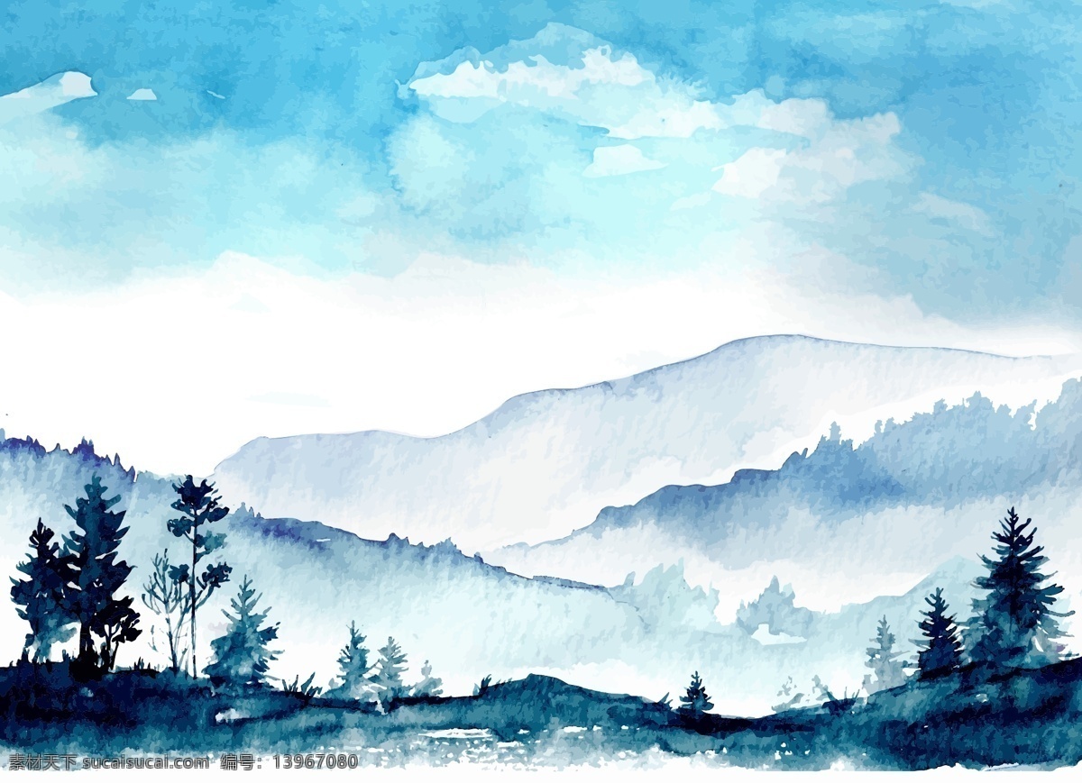 水彩 绘 美丽 山林 风景 插画 蓝天 大山 手绘 水彩绘 松树