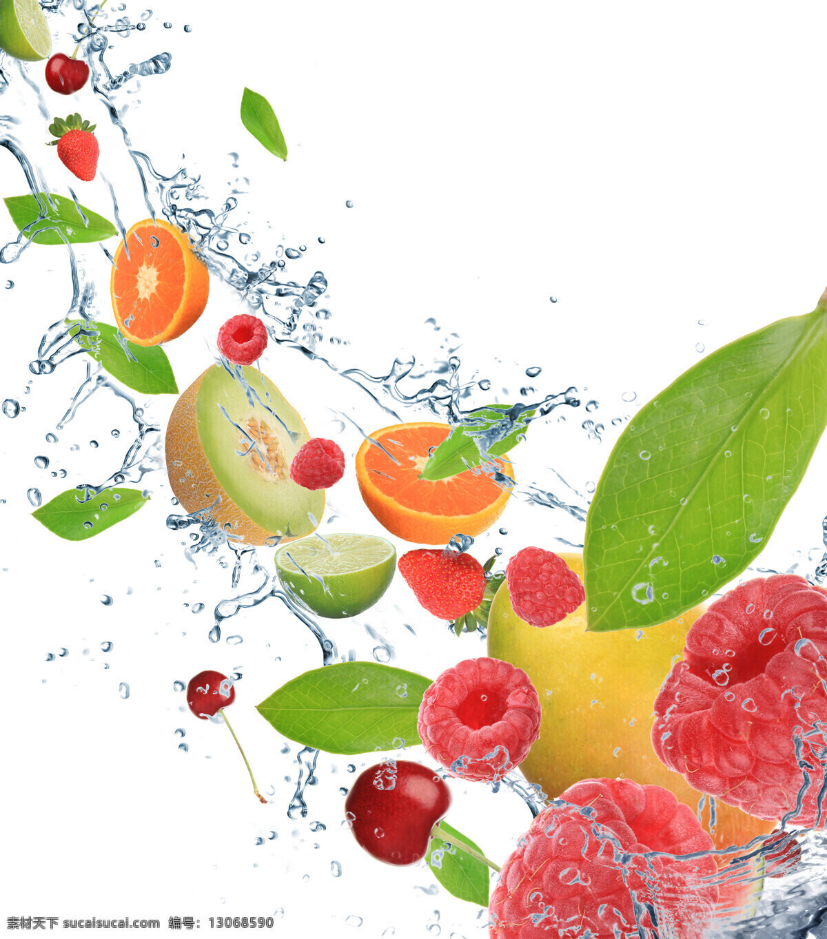 水果 背景 素材图片 橙子 草莓 猕猴桃 水 水珠 叶子 绿叶 水果背景 水果素材 水果图片 餐饮美食