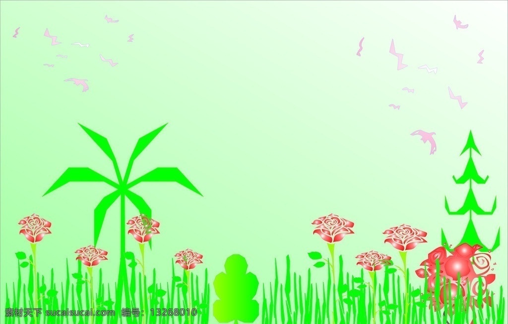 绿色花草背景 飞鸟 绿树 花 草 发光背景 背景底纹 底纹边框