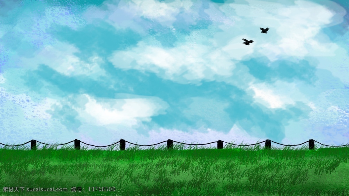 辽阔 草原 插画 背景 卡通背景 背景图 卡通素材 草地 创意 banner 清新背景 背景设计 创意背景 蓝天 白云 插画背景