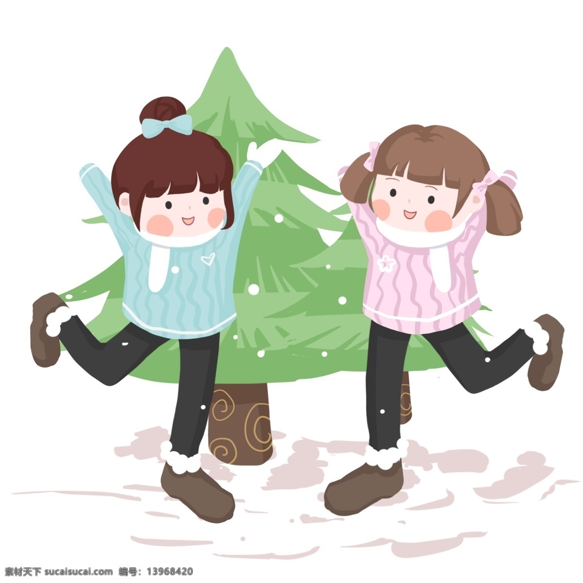 冬日 可爱 姐妹 玩耍 黑色打底裤 绿色小清新 活泼可爱 白雪皑皑 可爱双子姐妹 粉色蓝色毛衣