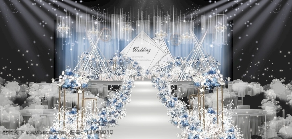 白 蓝 小 清新 婚礼 效果图 舞台 主题 花艺 吊顶 婚礼效果图 环境设计