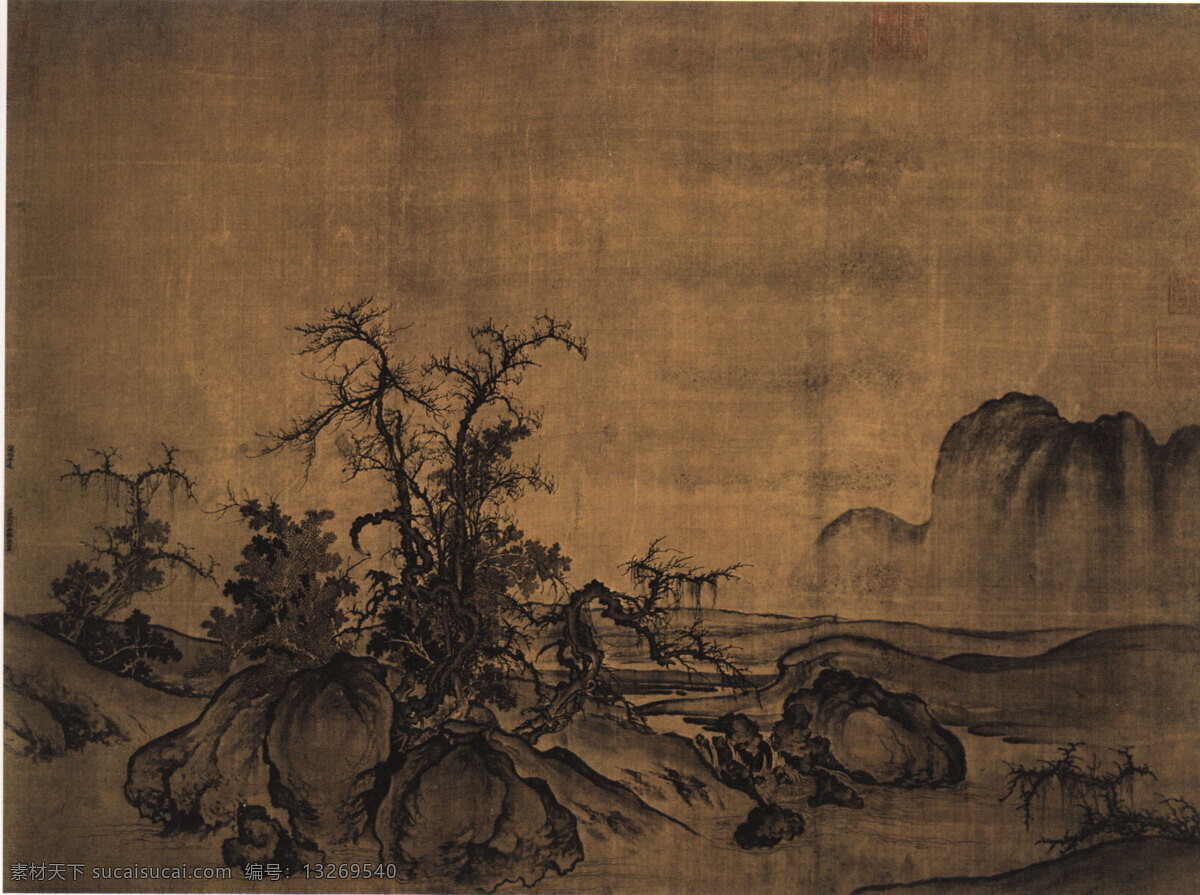 窠 石 平远 图 古画 水墨画 远景图 家居装饰素材 山水风景画