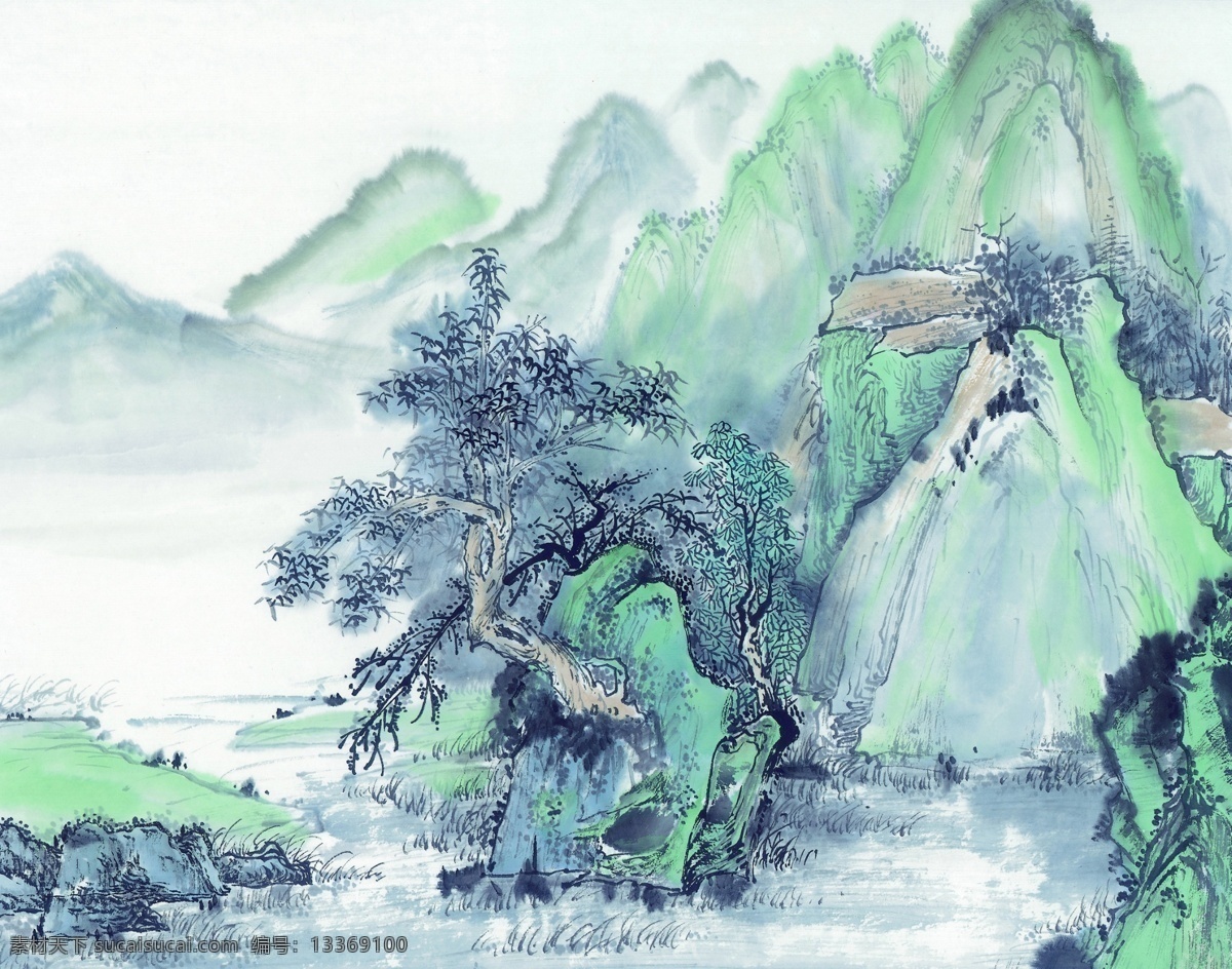 山水画337 山水画 风景画 国画 水墨画 高清横幅画 水山风景横幅 文化艺术 绘画书法