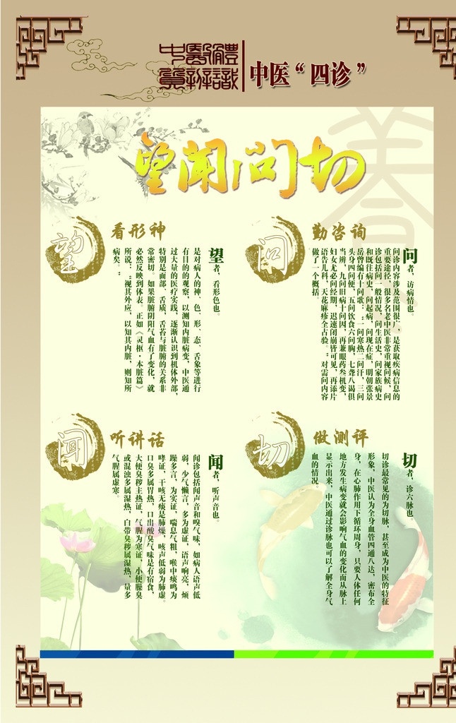 望闻问切 中医四诊 中医展板 角花 鱼 荷花 墨迹 中医望闻问切 展板模板 广告设计模板 源文件