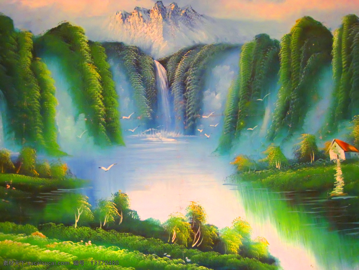 飞鸟 风景 风景画 挂画 绘画 绘画书法 景色 流水 油画 瀑布 小屋 设计素材 模板下载 瀑布小屋 油画风景 艺术 油画艺术 山峦 山脉 山峰 雪山 木屋 西方油画 欧美油画 油画作品 文化艺术 装饰素材 山水风景画