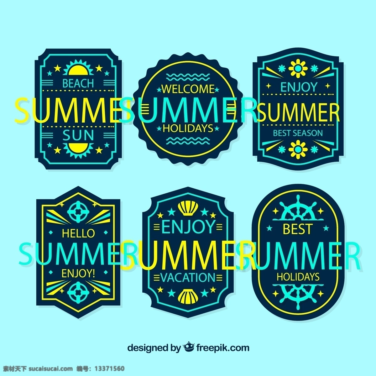 夏季 度假 标签 太阳 花卉 海浪 船舵 贝壳 矢量 高清图片