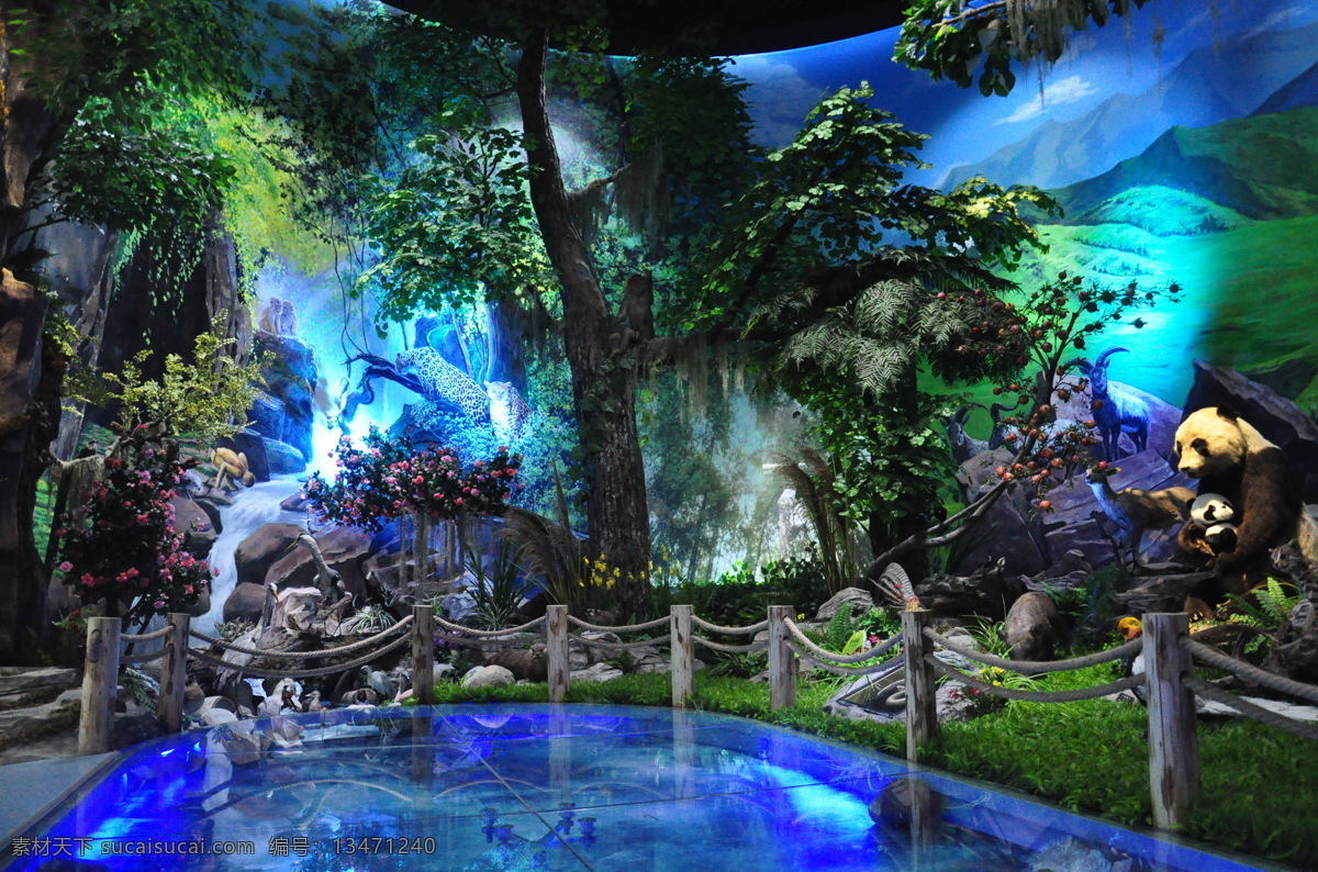 雅安 生态 博物馆 熊猫 动物 植物 雕塑 塑石 树 绿化 栏杆 水 背景画 环境设计 展览设计