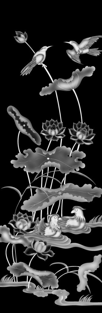 花鸟图 荷花 荷 荷叶 花板 雕刻 木雕 春 盆景 鸳鸯 鸳鸯戏水 浮雕灰度图 传统文化 文化艺术 bmp