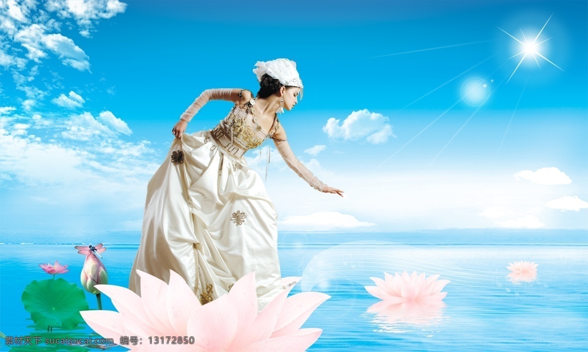 荷花 仙子 分层 背景 风景 花 美女 清新 唯美 云 psd源文件