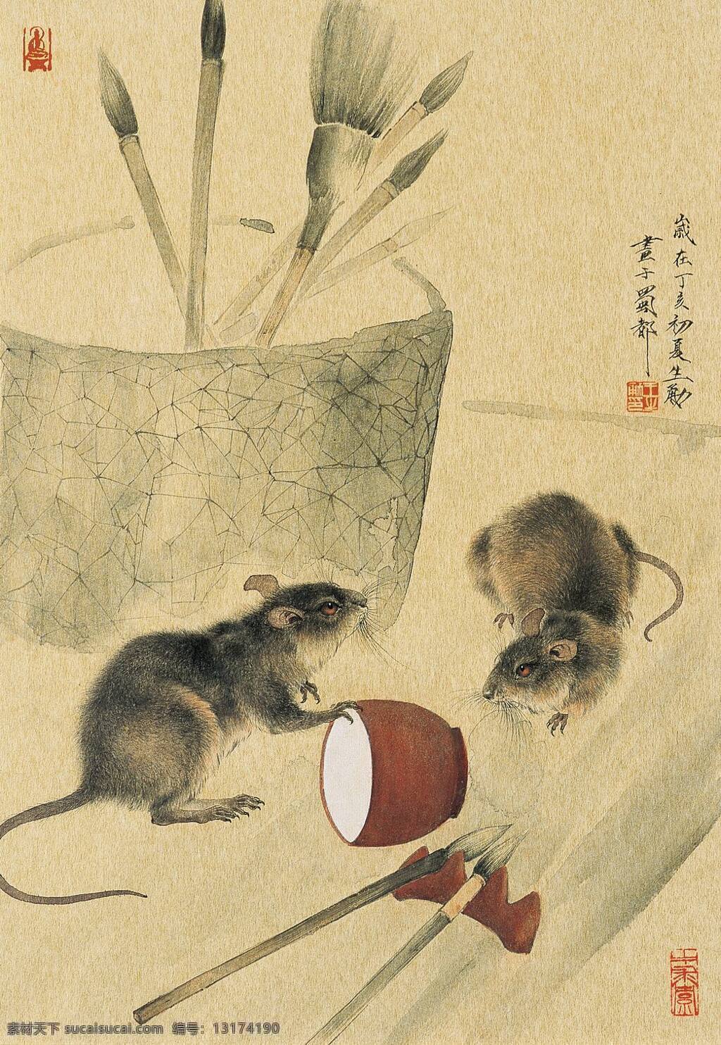 双 鼠 嬉戏 图 笔筒 刺绣 毛笔 中国画 立轴 工笔走兽画 家鼠 笔架 笔洗 王生勇作品 工艺美术 平面广告 装饰设计 家居装饰素材 室内装饰用图