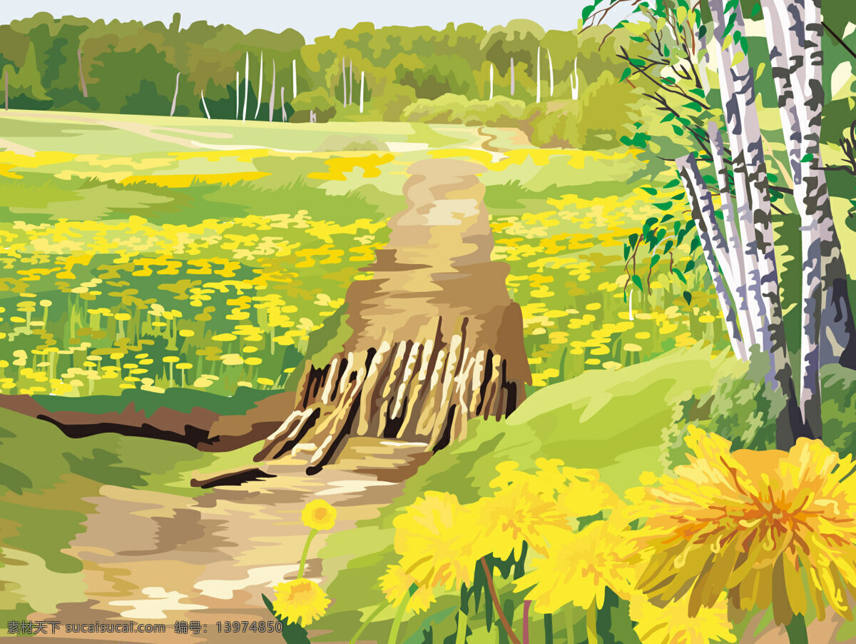 乡间 小路 花朵 路 树木 插画集