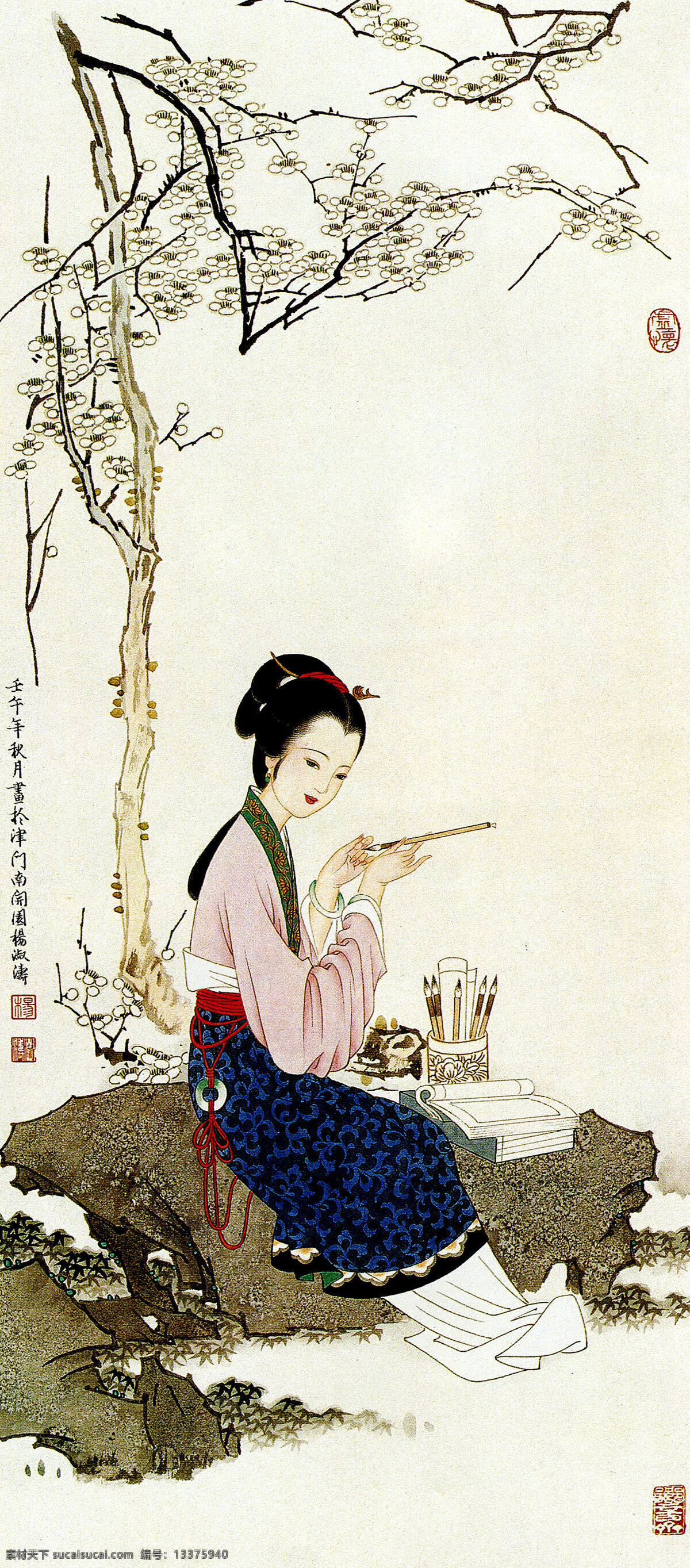 表情 动作 发型 服装 古代仕女 国画 国画艺术 绘画 冬韵 美术 人物画 女子 丽人 青春 美丽 天生丽质 姿势 梅花 石头 书笔 印章 工笔画 仕女 集锦 绘画书法 文化艺术 家居装饰素材 雕刻 图案