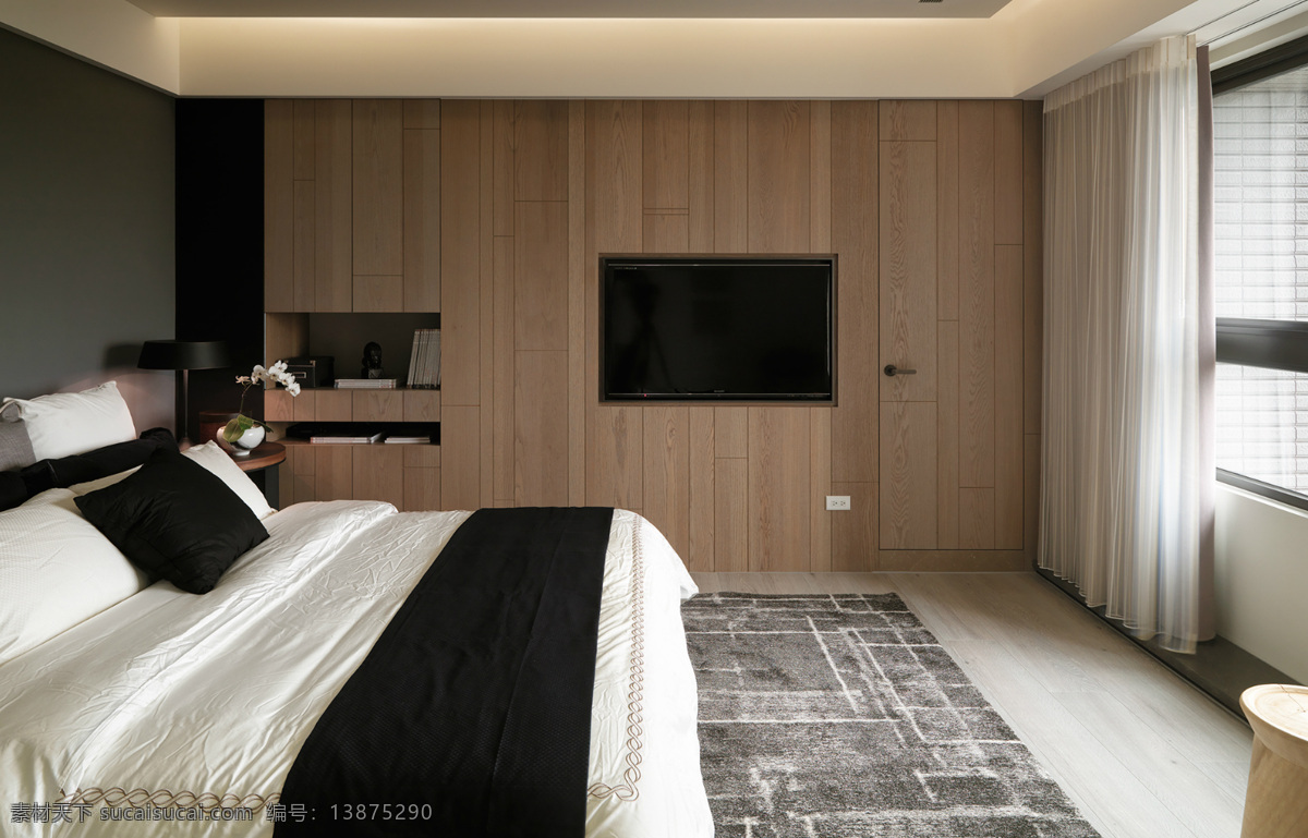 简约 卧室 米色 窗帘 装修 效果图 窗户 床铺 床头柜 灰色地板砖 落地窗 木质墙壁