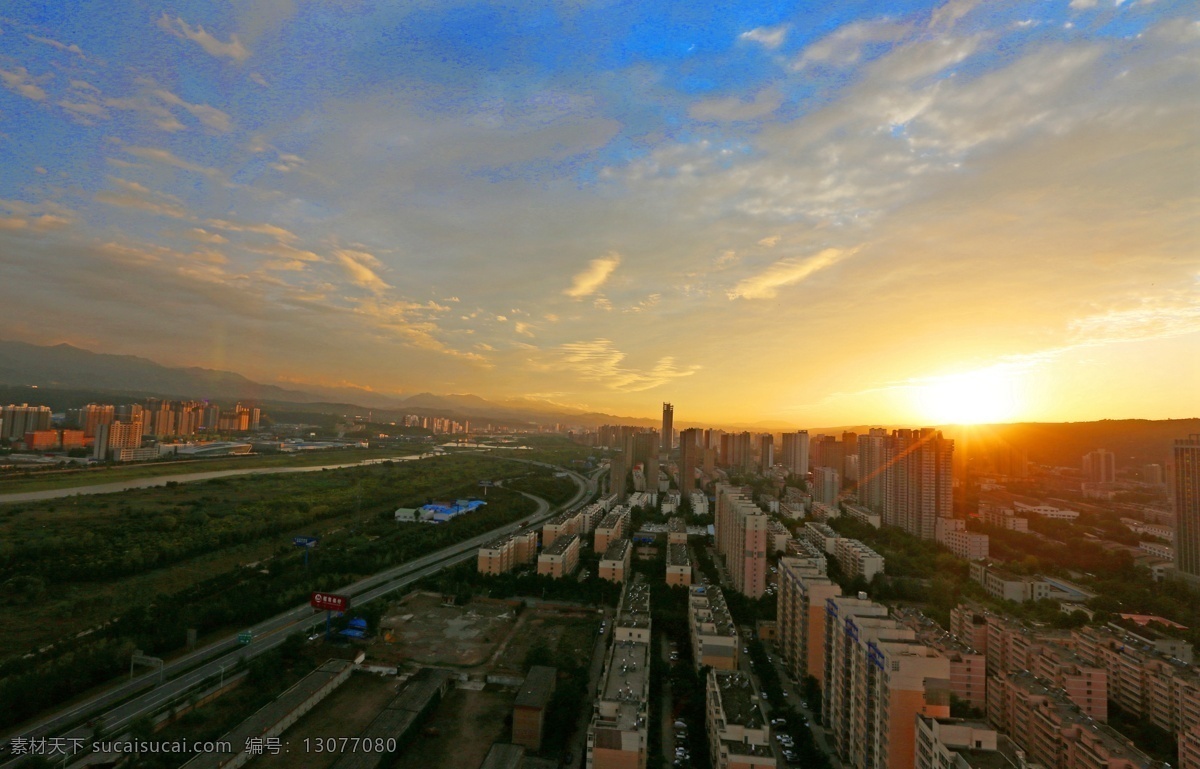 晚霞 陕西宝鸡 天空 彩云 楼房 渭河 太阳 自然景观 山水风景