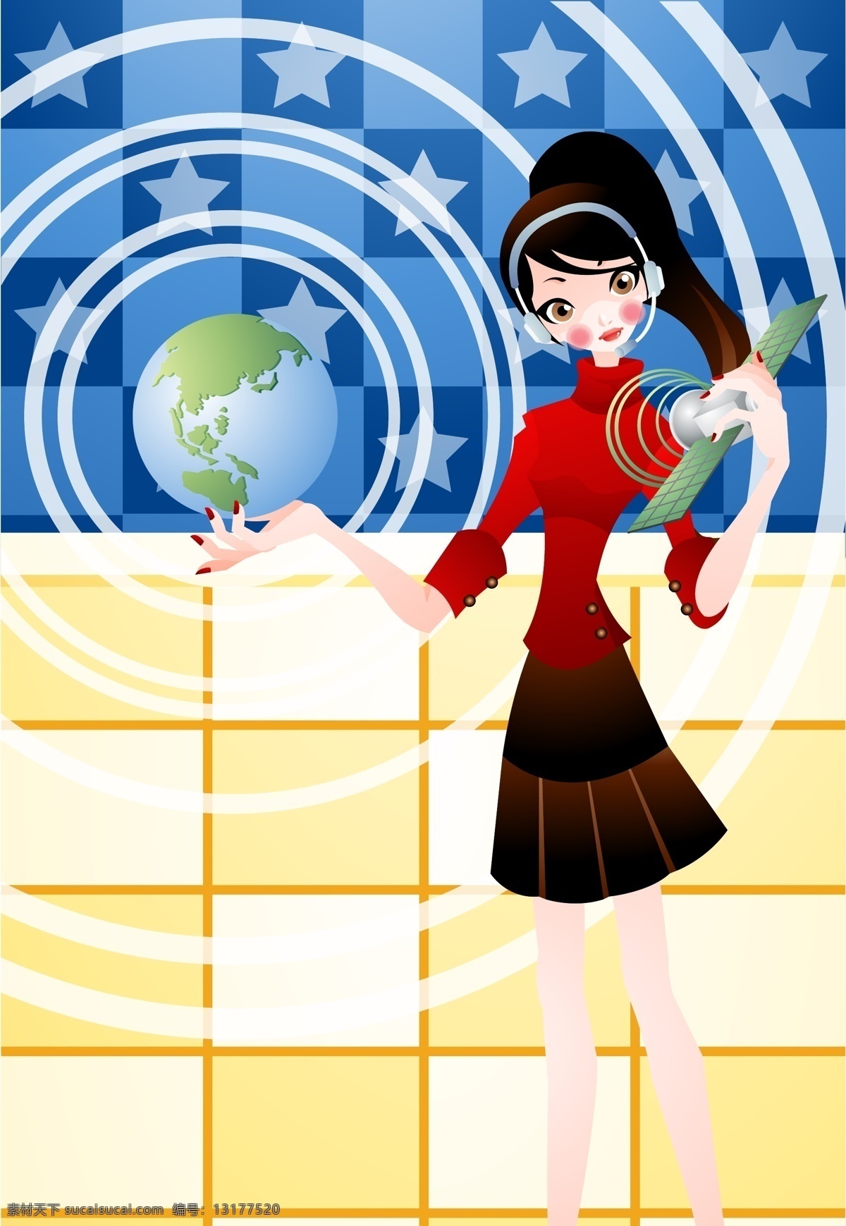 女孩 底 图 插画 背景图 地球 商务 矢量图 圆形线条 其他矢量图