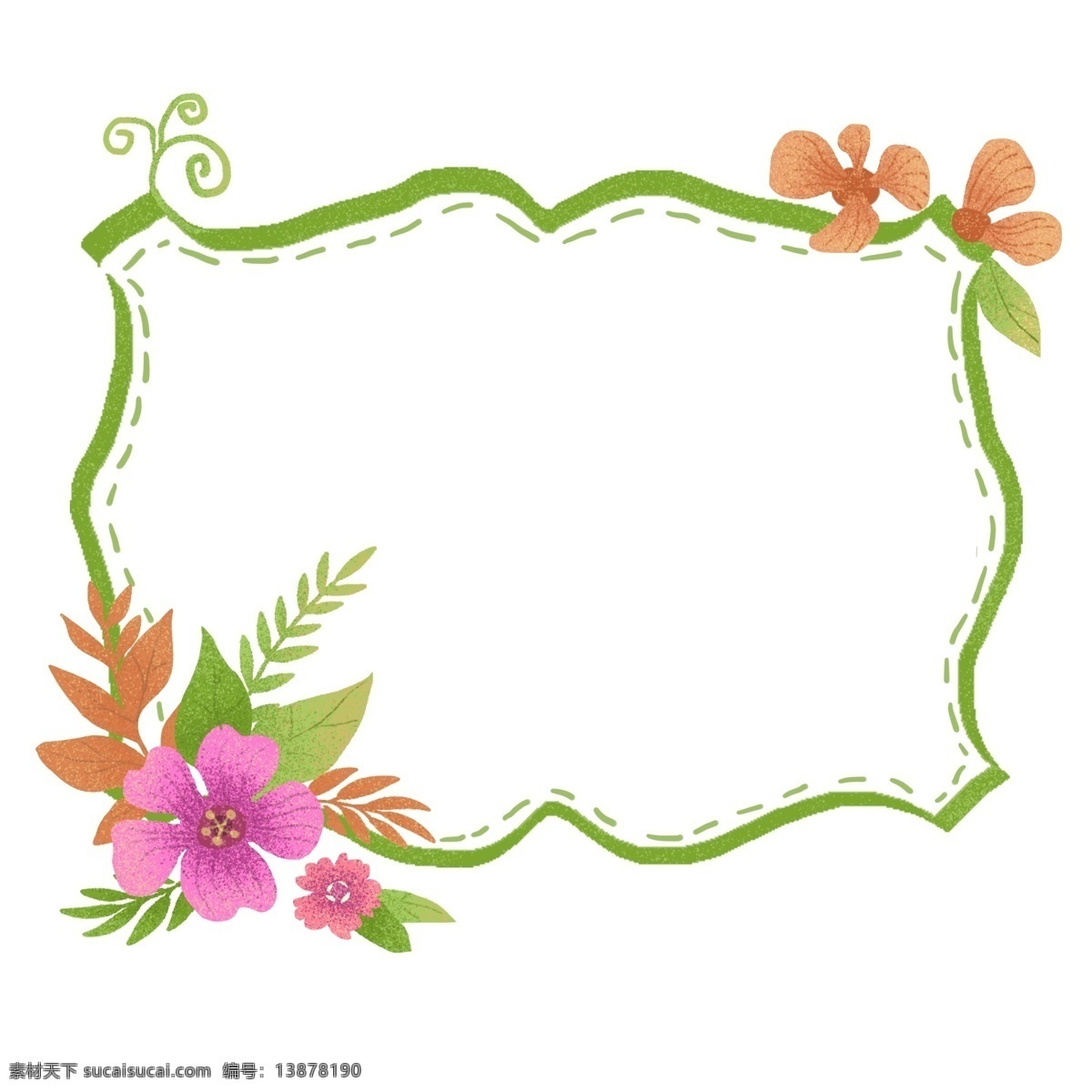 绿色 鲜花 边框 插画 手绘边框 植物边框 绿色的叶子 创意边框 粉色的鲜花 花卉边框