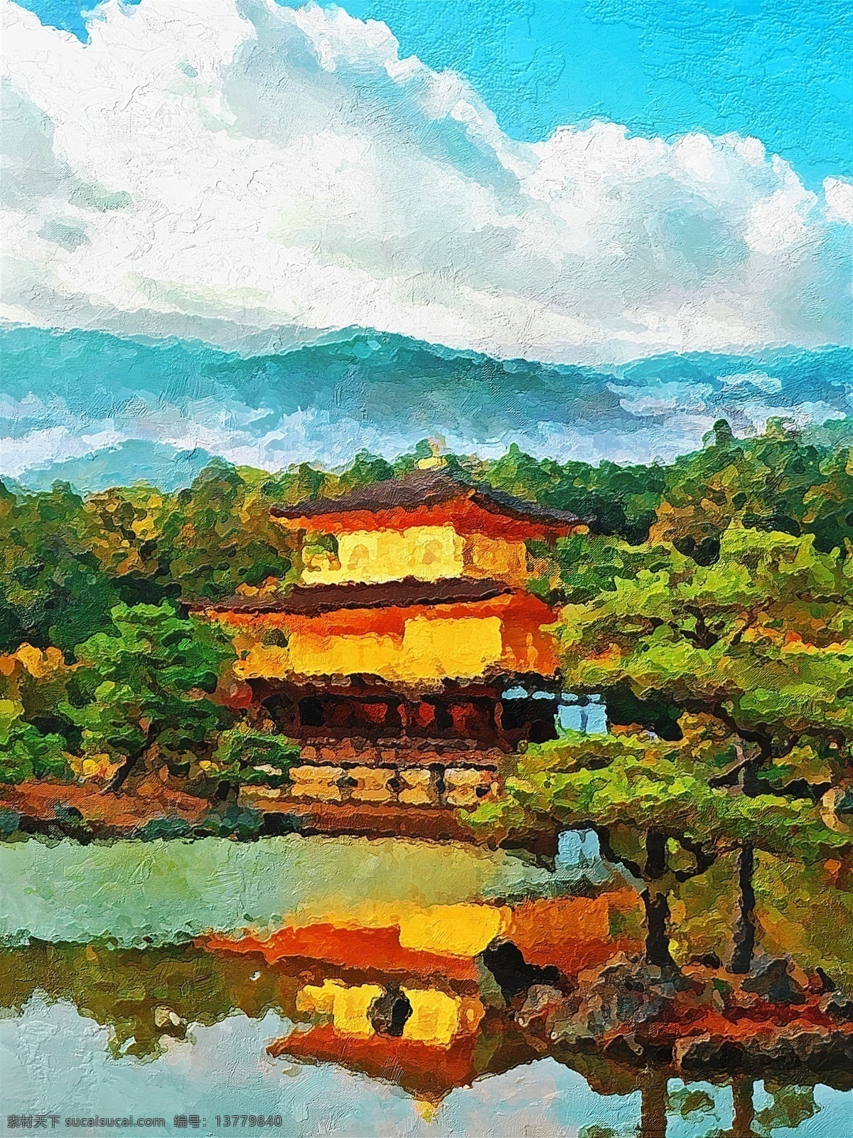 日本 建筑 阁楼 富士山 风景 油画 高饱和 笔触 客厅装饰画 沙发装饰画 风景画 机理画 书房画 古建筑 湖泊 树木 蓝天 白云 水