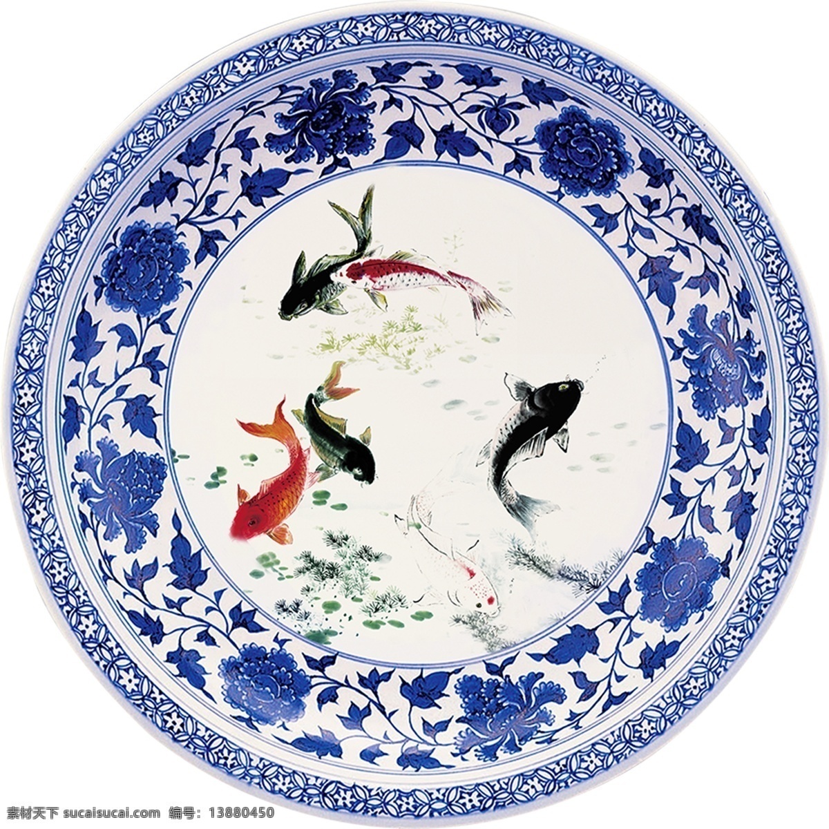 青花圆盘 中式 圆盘 锦鲤 年年有余 圆桌面 装饰画 蓝色 文化艺术 传统文化