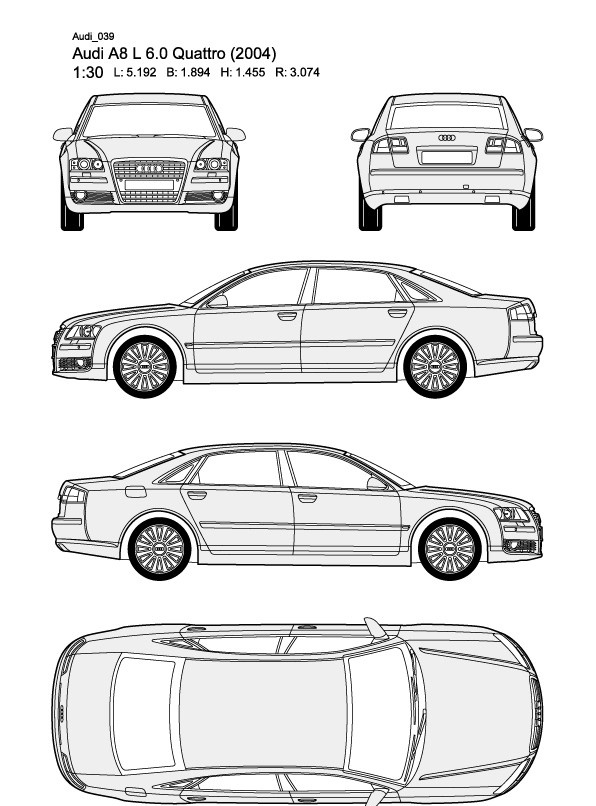 奥迪a8 l quattro 2004 汽车 线 稿 奥迪 audi a8 汽车线稿 线稿 平面图 五视图 三视图 前视图 后视图 左视图 右视图 顶视图 平面 视图 交通工具 现代科技 矢量 奥迪系列