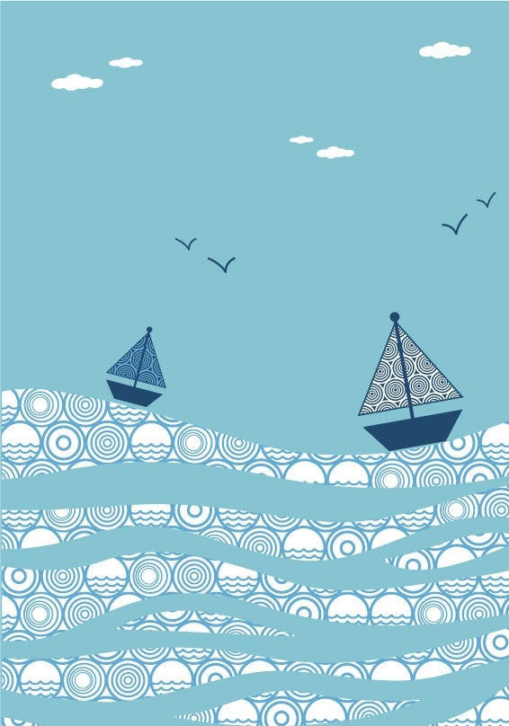 大海 波浪 帆船 穿 海鸥 白云 风景 风景画 卡通画 卡通插画 花纹 古典背景 矢量 背景底纹 矢量素材 其他矢量