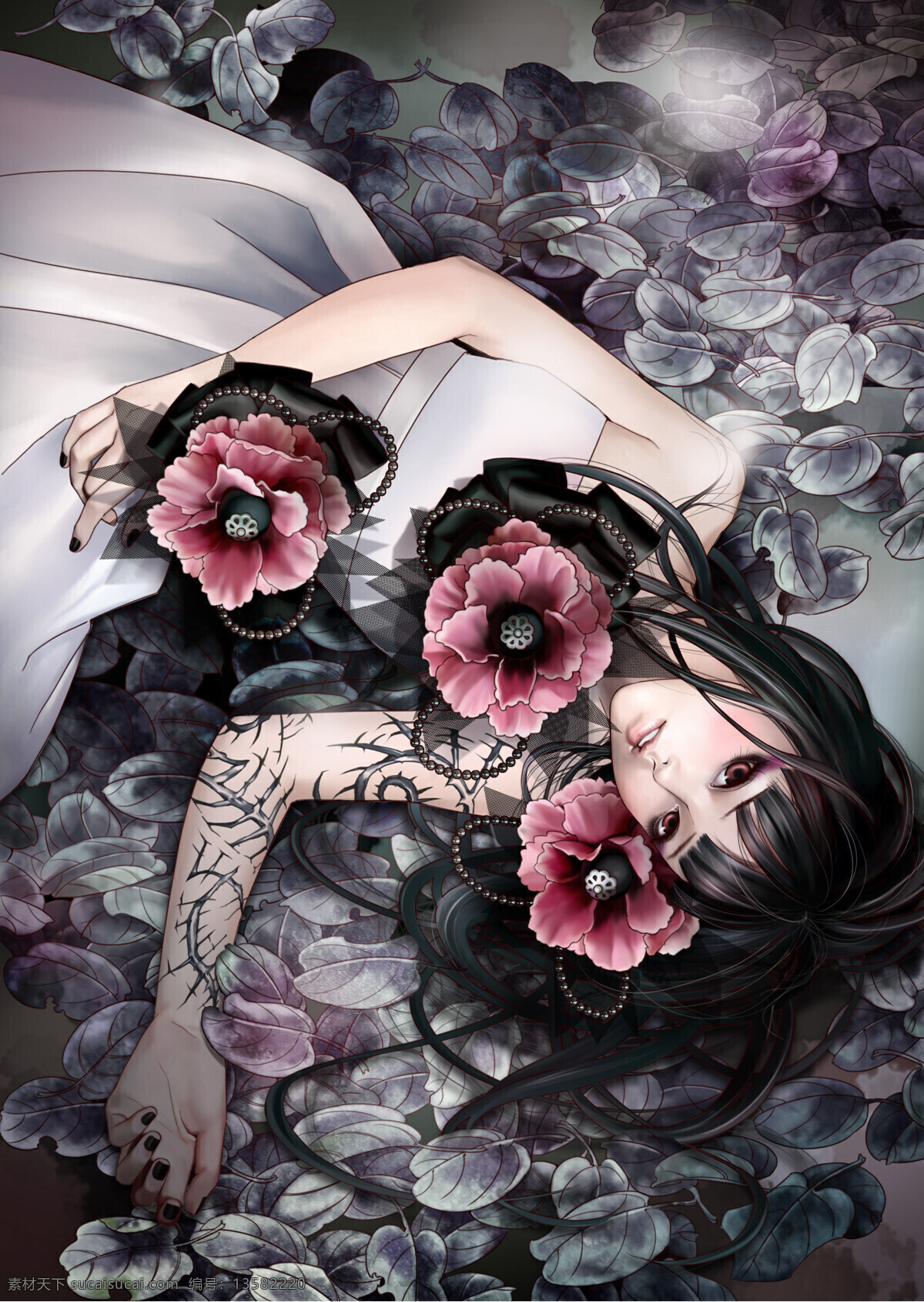 插画美女 牡丹 芍药 美女 叶子 纹身 头饰 玫瑰 动漫 剑网三 插画 游戏原画 海报 绘画书法 文化艺术 张小白插画