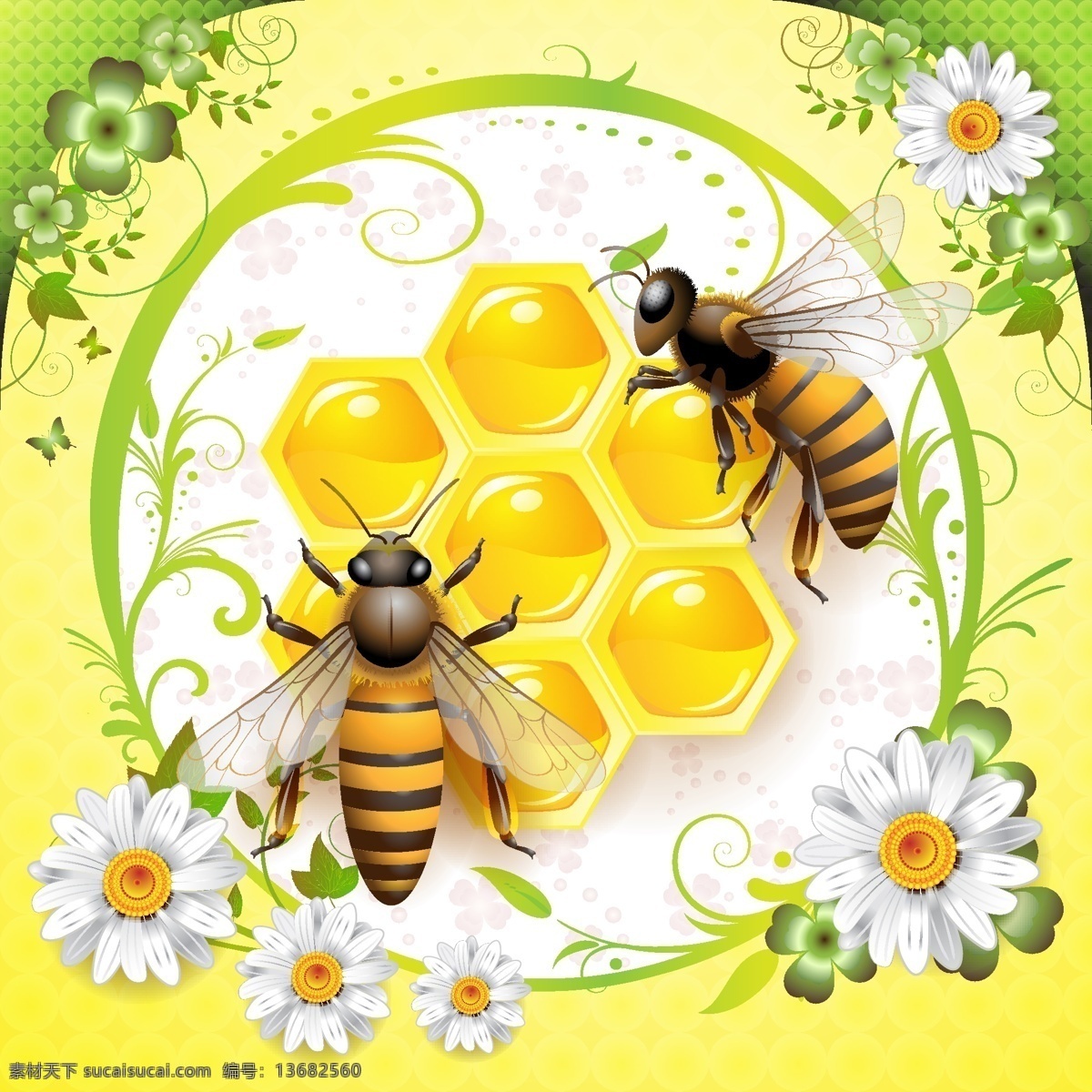 蜜蜂 鲜花 绿叶 矢量图 其他矢量图