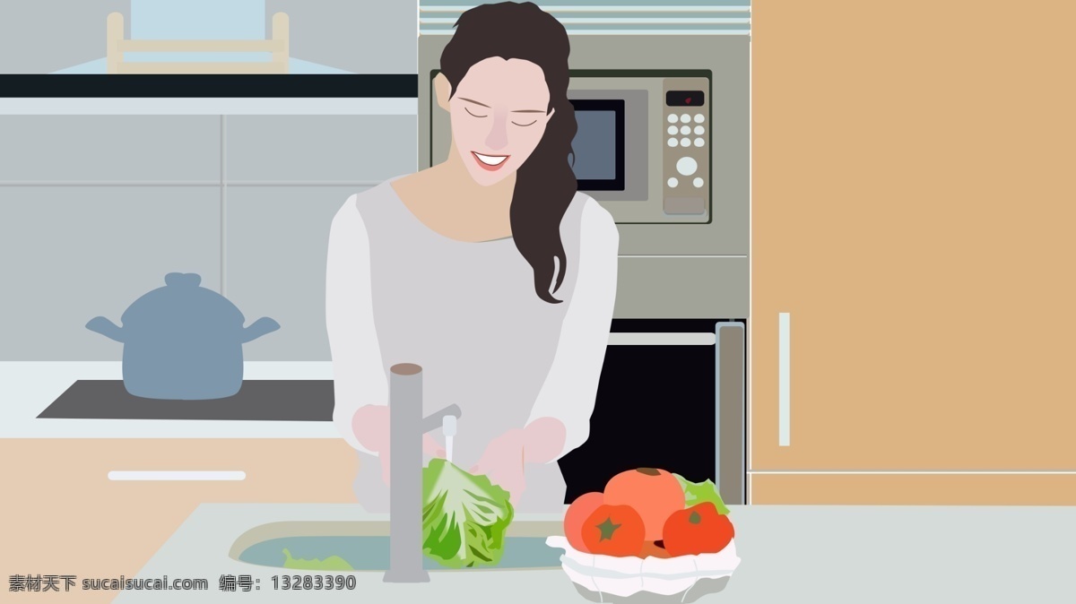 原创 扁平 风 女人 厨房 做饭 插画 厨房做饭