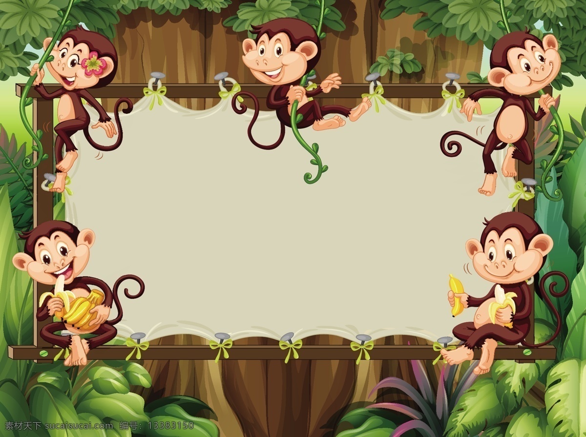 吃 香蕉 猴子 卡通 矢量 矢量素材 设计素材 背景素材