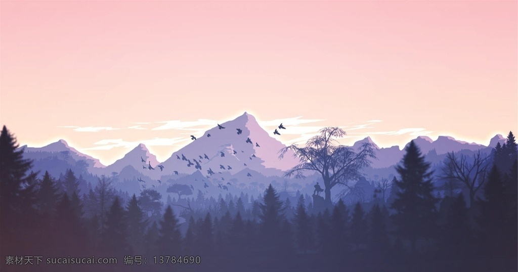 创意森林绘画 创意 绘画 简易 风景 蓝色 装饰画 卡通 抽象 树林 森林 手绘 场景 原画 山峦 飞鸟 自然景观丶 动漫动画 风景漫画
