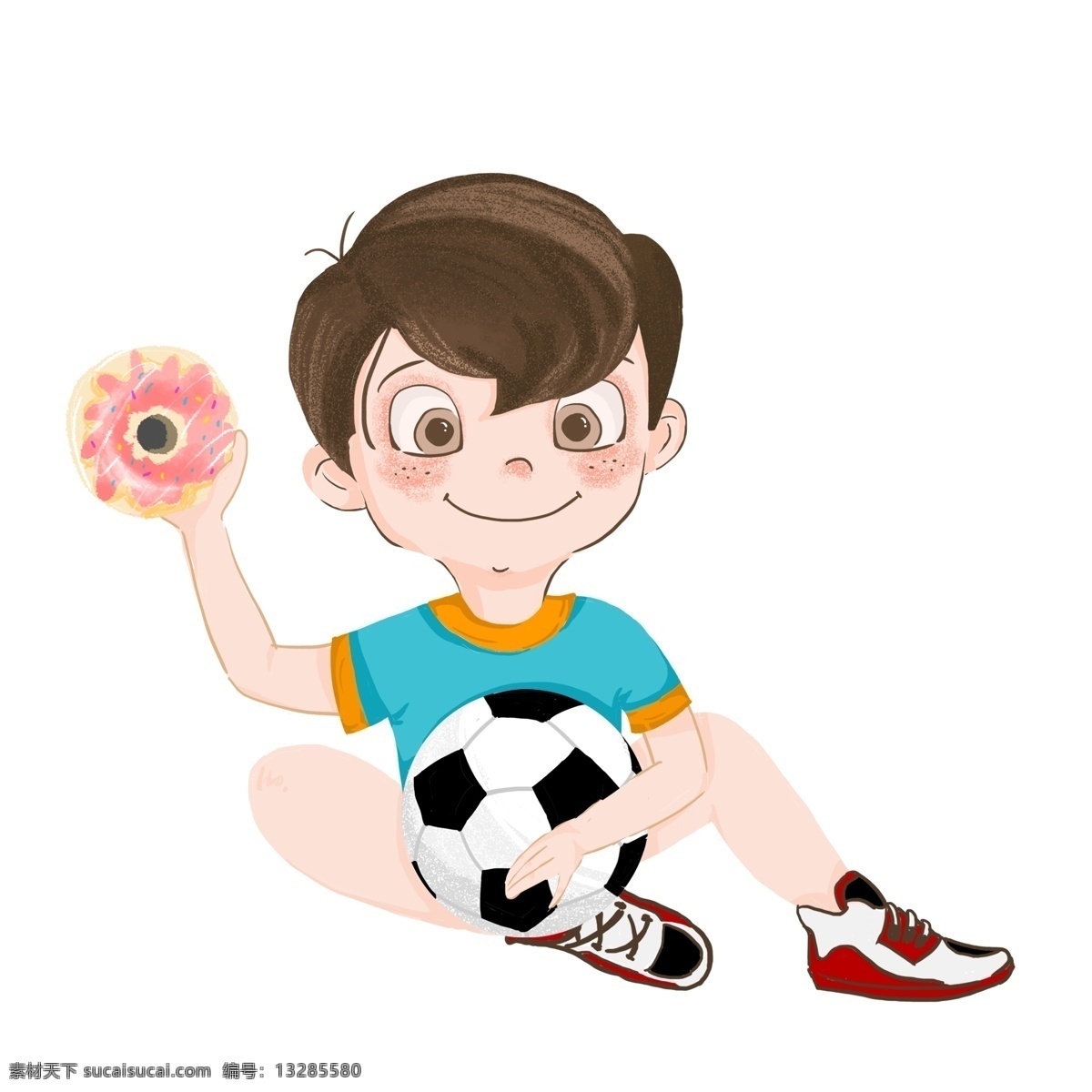 快乐 六 甜甜 圈 足球 小 男孩 六一儿童节 插画 卡通 小男孩 甜甜圈 节日 人物