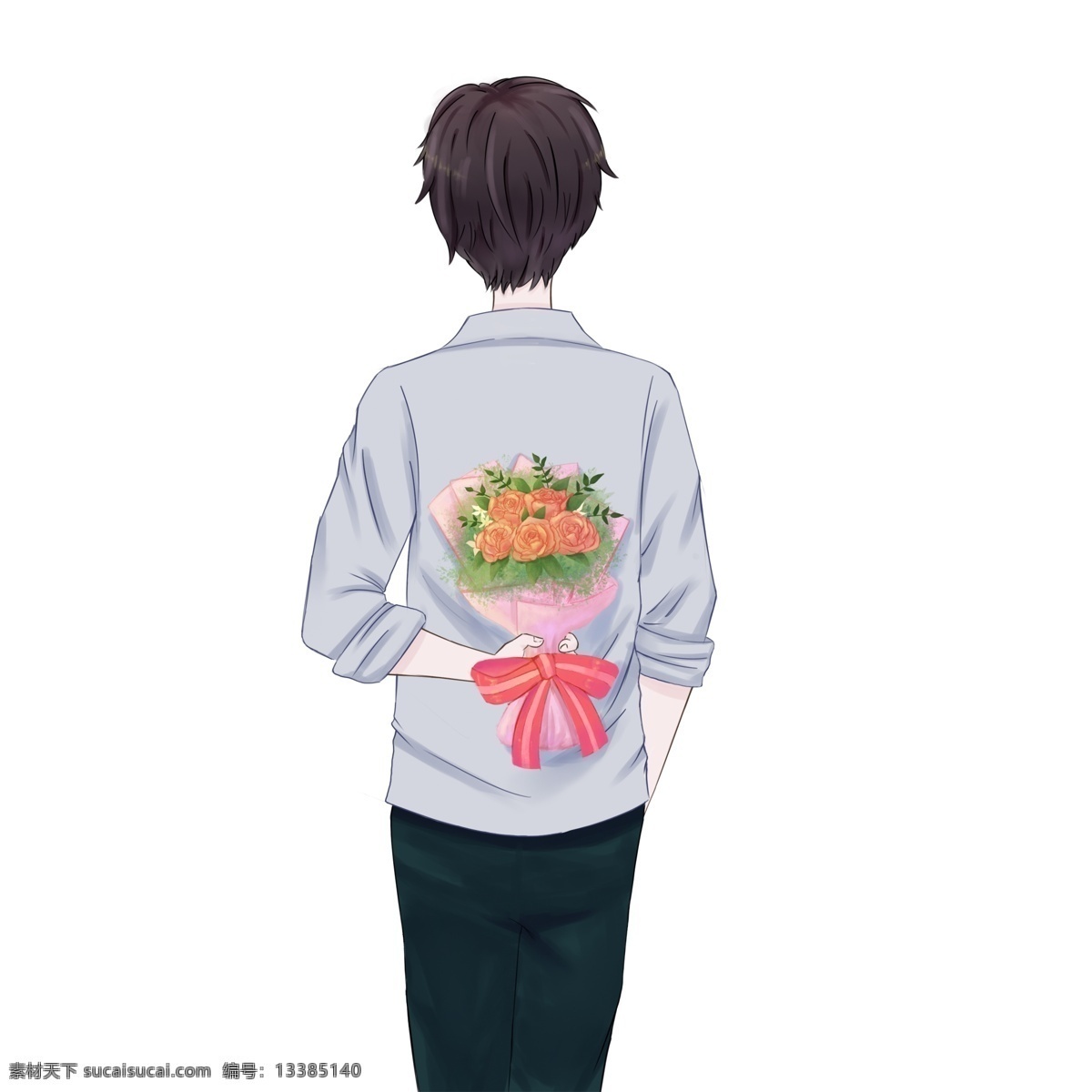 手绘 手 束 花 男生 人物 卡通 一束花 插画