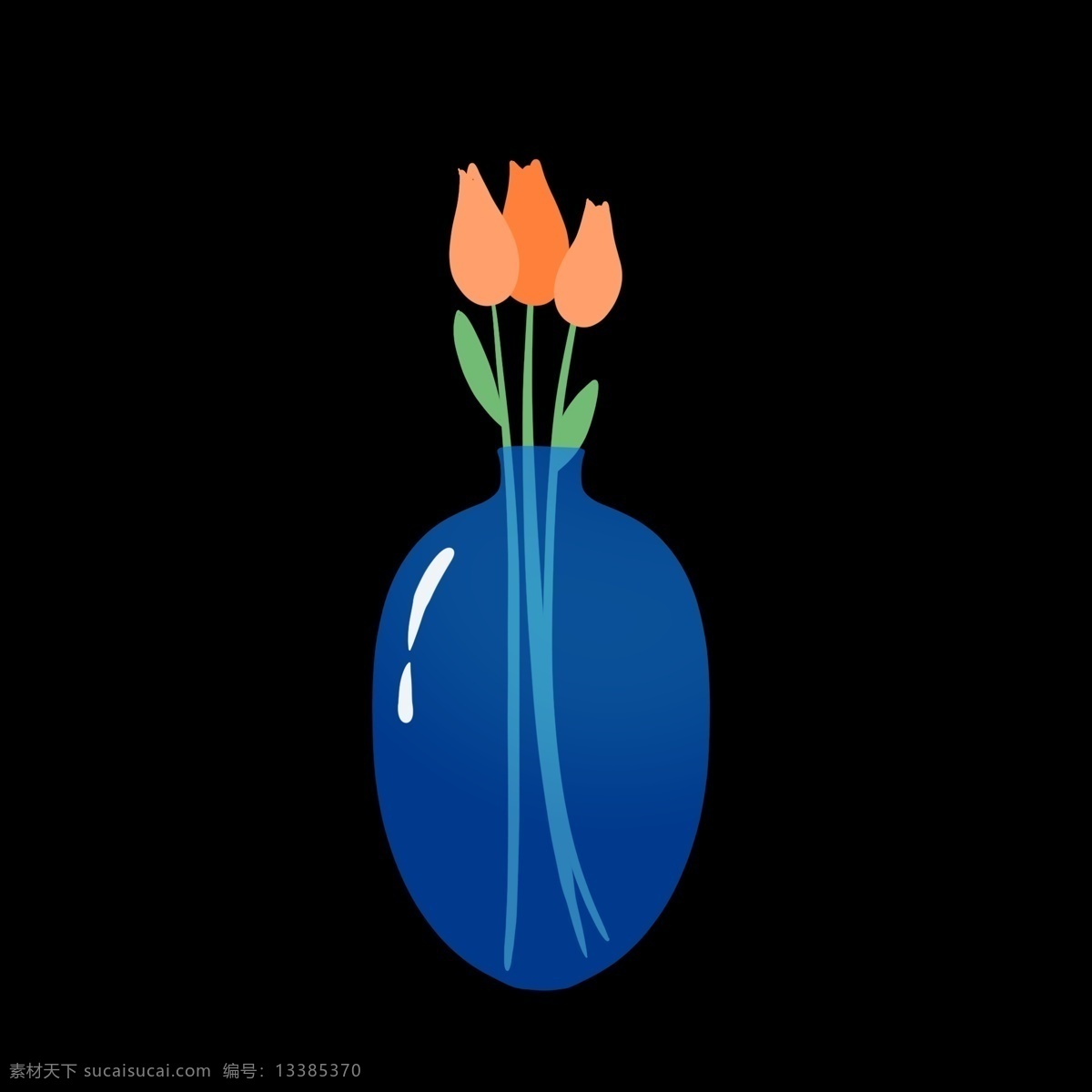 鲜花 花瓶 玻璃瓶 蓝色 手绘 可爱 免抠