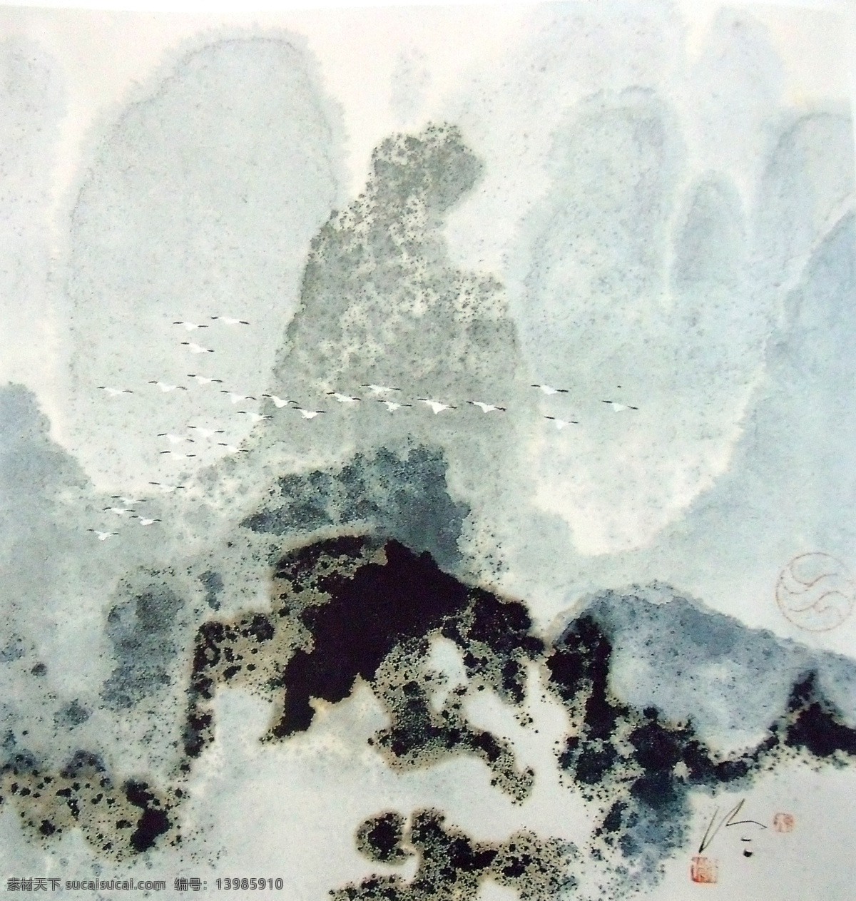 彩墨画 国画 画面 绘画书法 山水画 模板下载 书法 设计素材 水墨高山 山峦起伏 群鹤飞翔 水墨渲染 印章 美术国画 水墨画 文化艺术 家居装饰素材 雕刻 图案