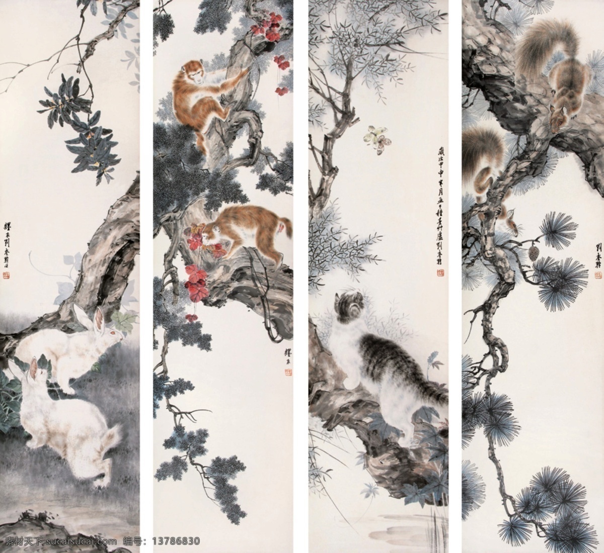 国画四屏 四条屏 兔 猴 猫 松鼠 绘画书法 文化艺术