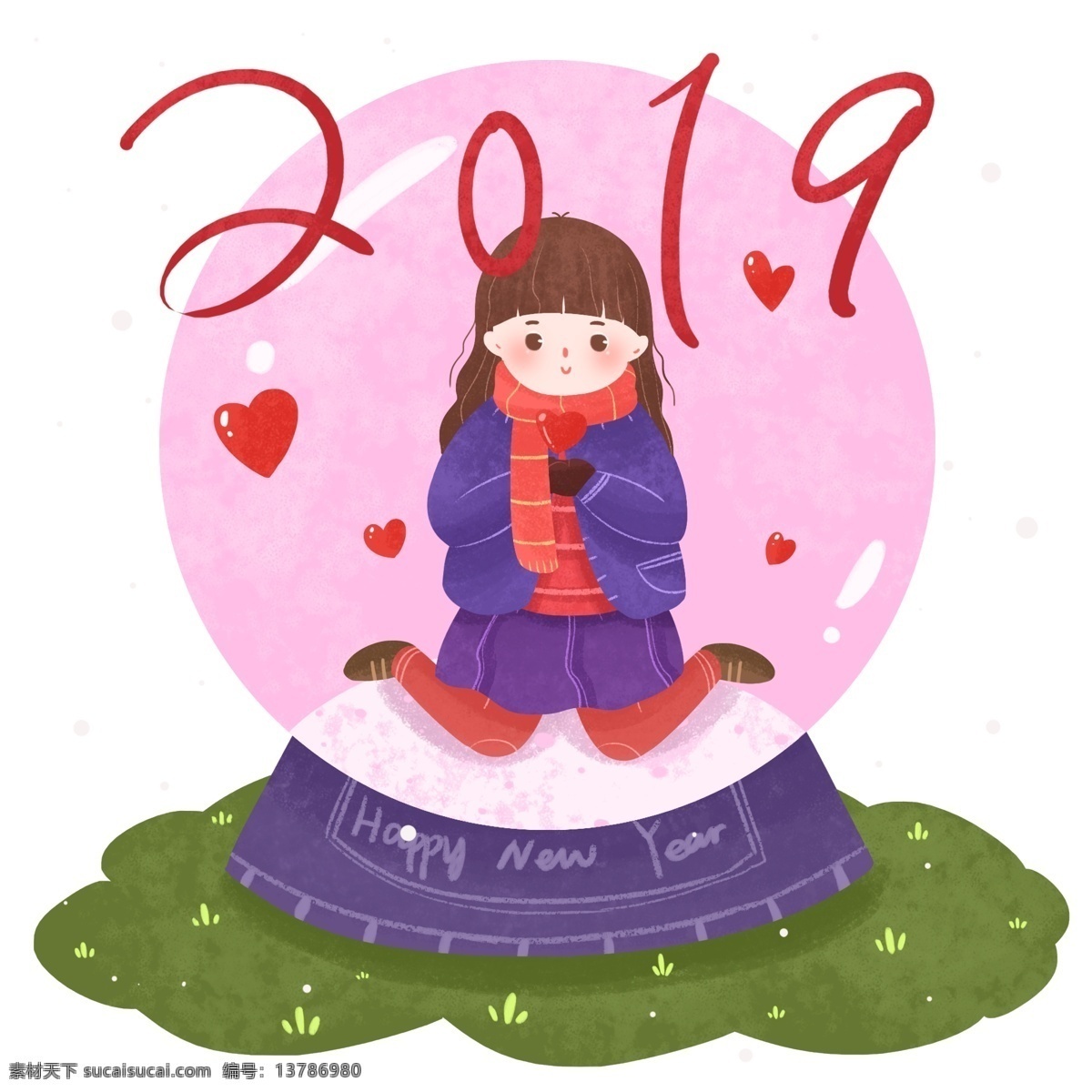 卡通 可爱 2019 年 新年 元旦 水晶球 插画 春节 紫色 礼物 喜庆 2019年 除夕 过年 欢庆 狂欢 庆祝 欢乐 温暖