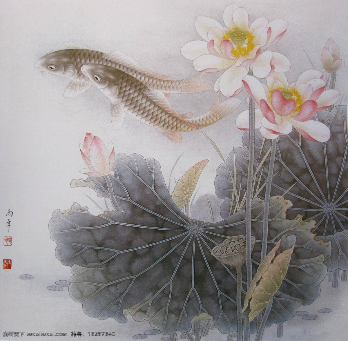 工笔荷花 工笔画 国画 中国画 工笔彩墨画 彩墨工笔画 大师作品 风景画 荷花 植物 荷叶 池塘 鲤鱼 动物 莲藕 绘画书法 文化艺术