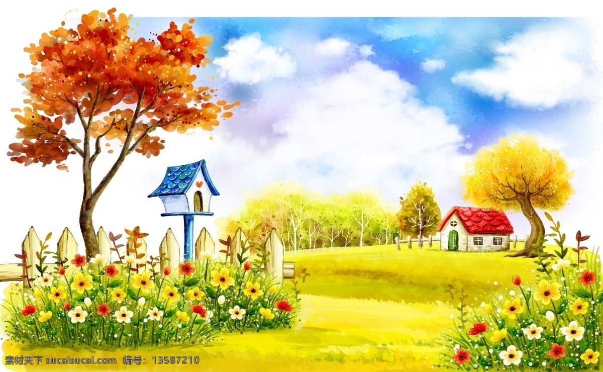 风景卡通画 风景 卡通 房子 枫叶 黄色小花 黄色背景 可爱风 绿色