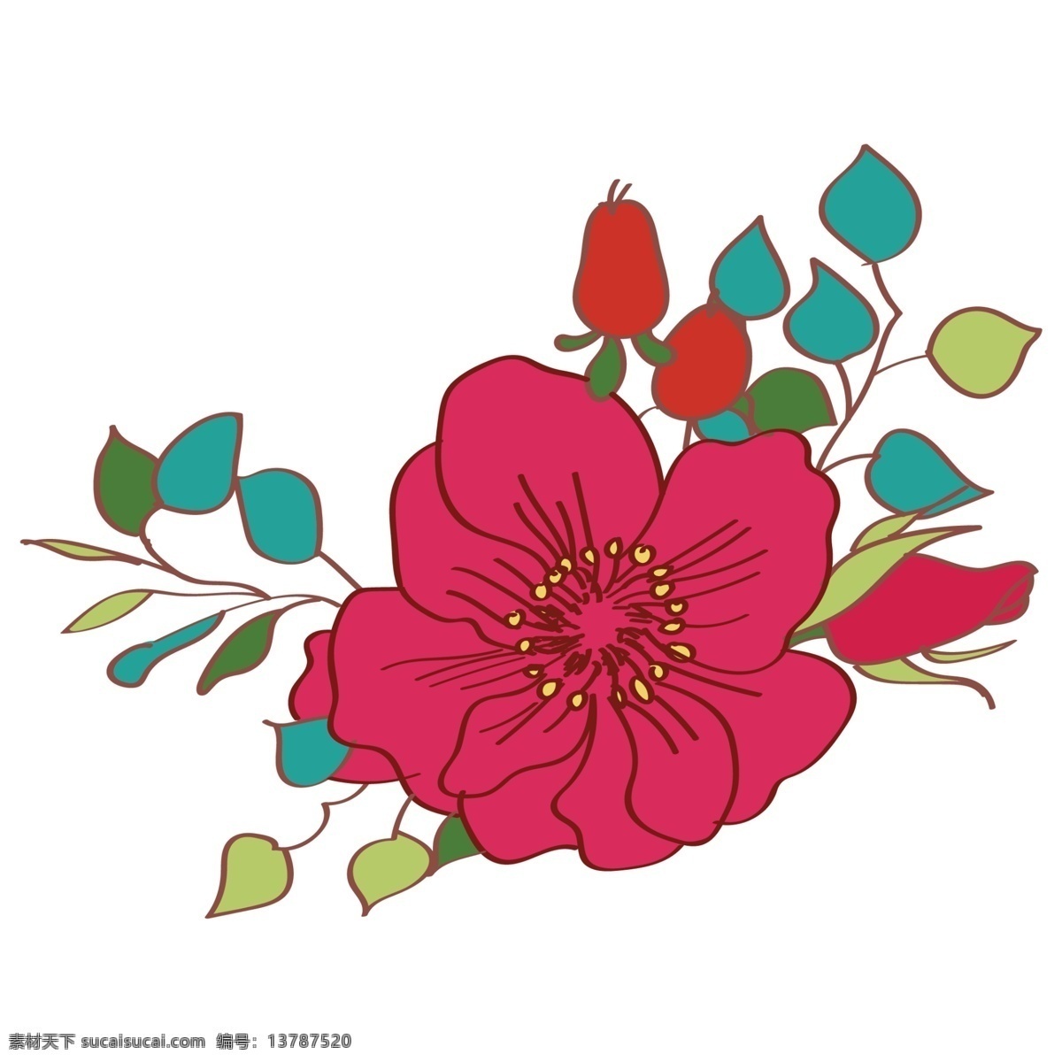 红色 花朵 免 抠 图 大大的花朵 绿色植物 绿色枝条 卡通插画 艺术插画 绿叶 红色的花朵 免抠图