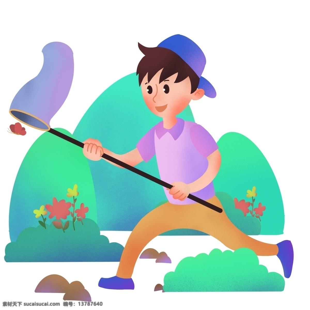 春游 扑 蝴蝶 男孩 春游人物插画 扑蝴蝶男孩 蓝色的帽子 红色的蝴蝶结 黄色的小花 绿色的山峰