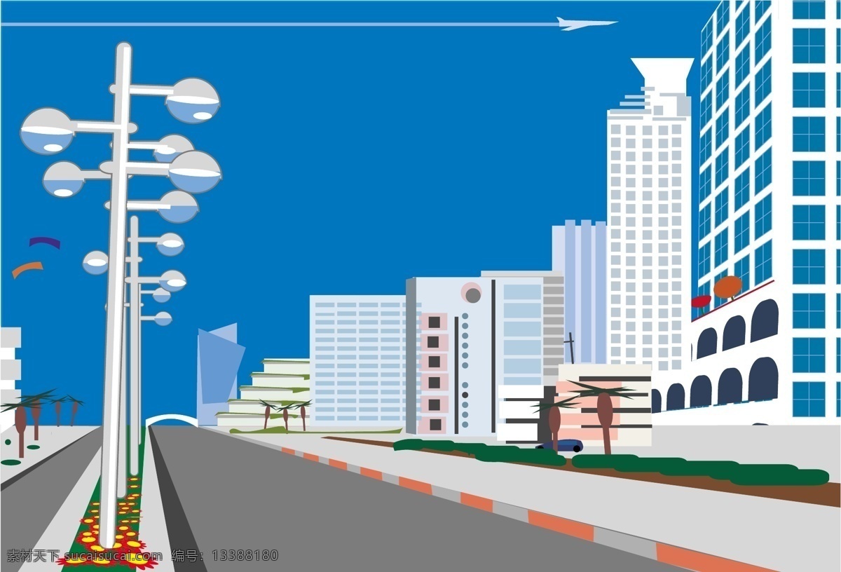 城市 景观 矢量 高楼大厦 公路 建筑 路灯 马路 矢量素材 矢量图 建筑家居